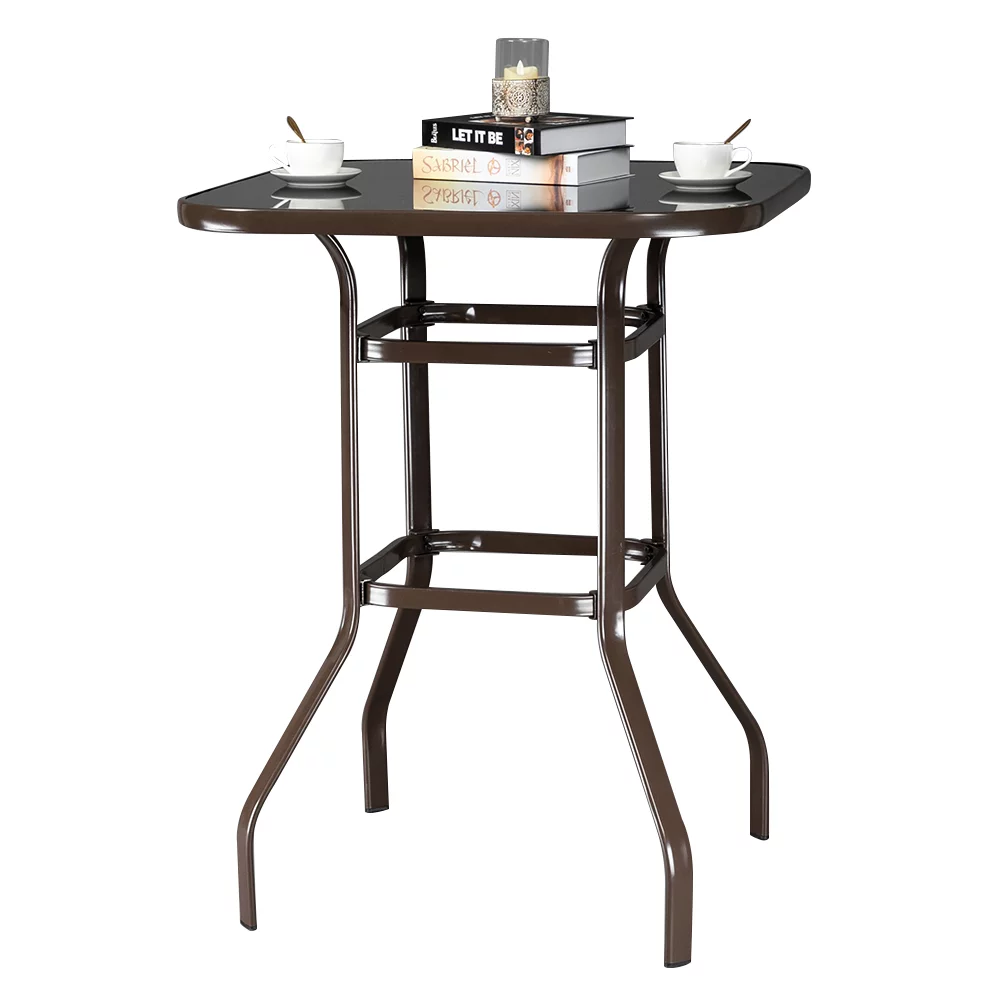 Wrought Iron Glass High Patio Bar Table Brown