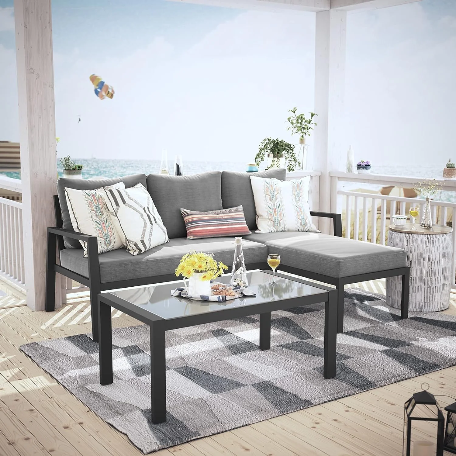 Outdoor Patio Furniture Set With Chaise Lounge, Aluminum Sofa Set For Porch Garden, Space Saving L-Shaped Corner Sectional Chair With Glass Coffee Table, Dark Grey Finish & Grey Cushion