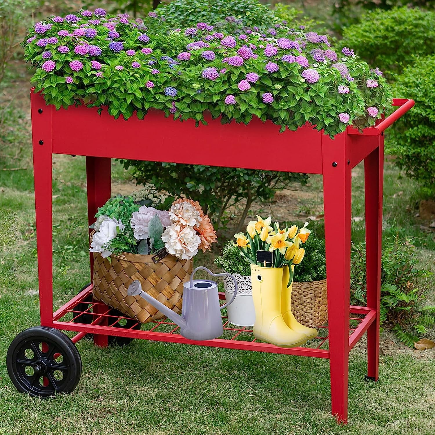 Raised Planter Box with Legs Raised Garden Bed Outdoor Elevated Garden Bed on Wheels for Vegetables Flower Herb, Red
