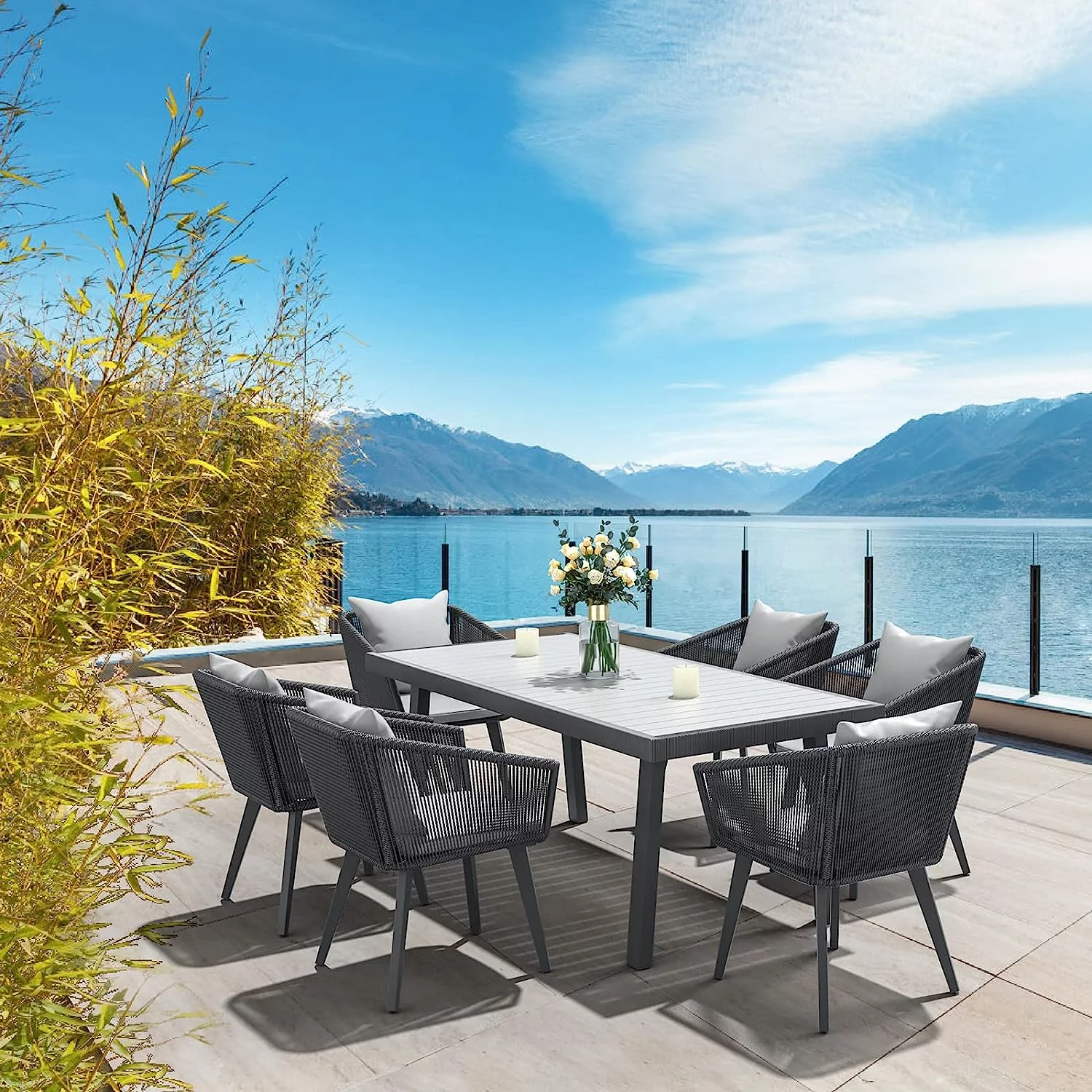 9 Pieces Outdoor Patio Dining Set  Handwoven Patio Table and Chairs for 8  Patio Furniture Set with All-Weather Aluminum Frame and Cushion  for Patios  Backyard  Balcony  Lawn (Dark Grey)