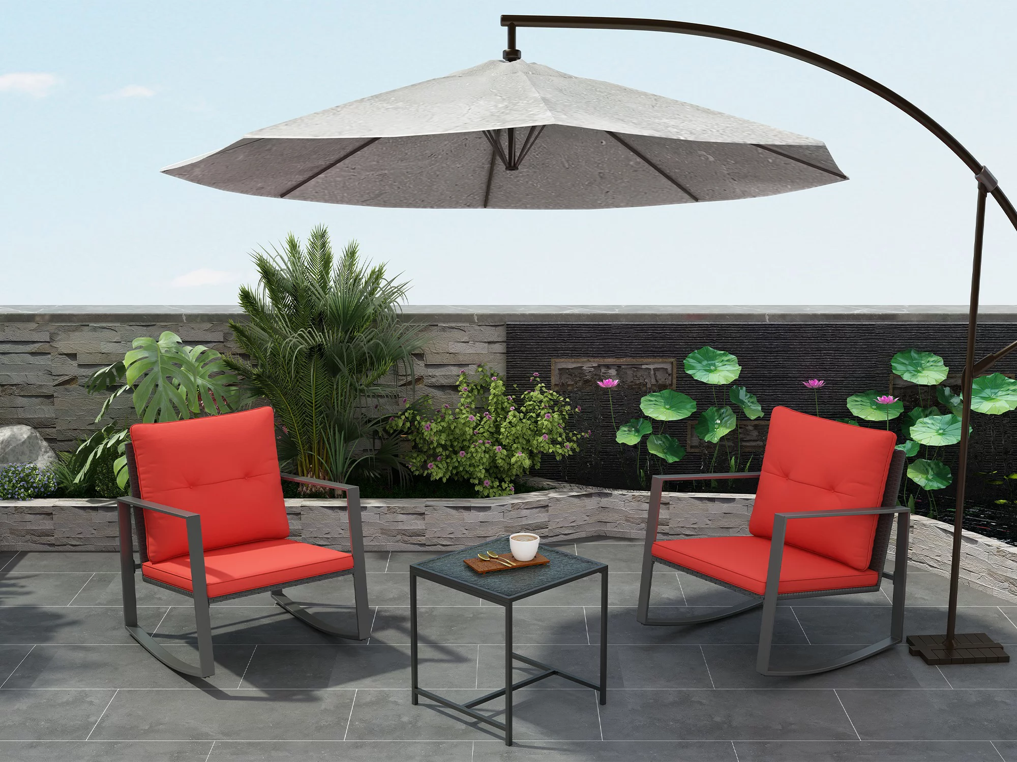 Lilac 3-Piece Patio Modern Furniture Set - A Solid Coffee Table With Two Plush Cushioned Chairs - Red