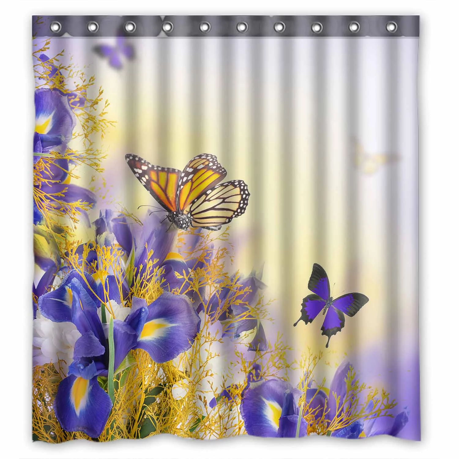PKQWTM Bouquet Of Blue Irises White Flowers And Butterfly WaterProof Polyester Fabric Shower Curtain Size 66x72 Inches