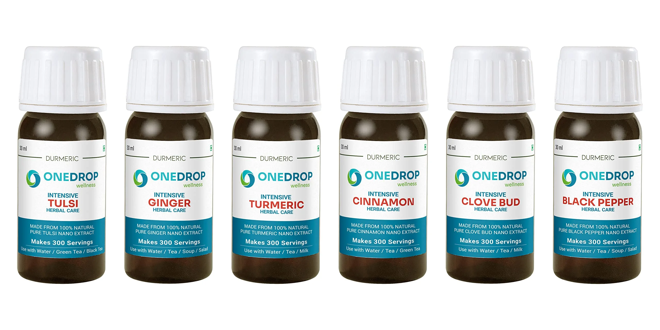 Durmeric Onedrop Wellness Immunity Kit With 6 Individual Herbal Drops Of Tulsi, Turmeric, Ginger, Cinnamon, Pepper And Clove | Use With Water, Tea, Milk, Juice Or Any Food | 30Ml E