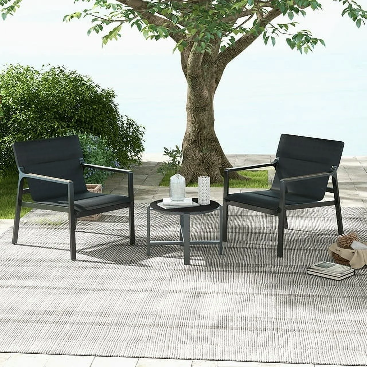 Grand Patio Osman 3-Pc Aluminum Patio Bistro Set with Mesh Sling Armchairs, Black