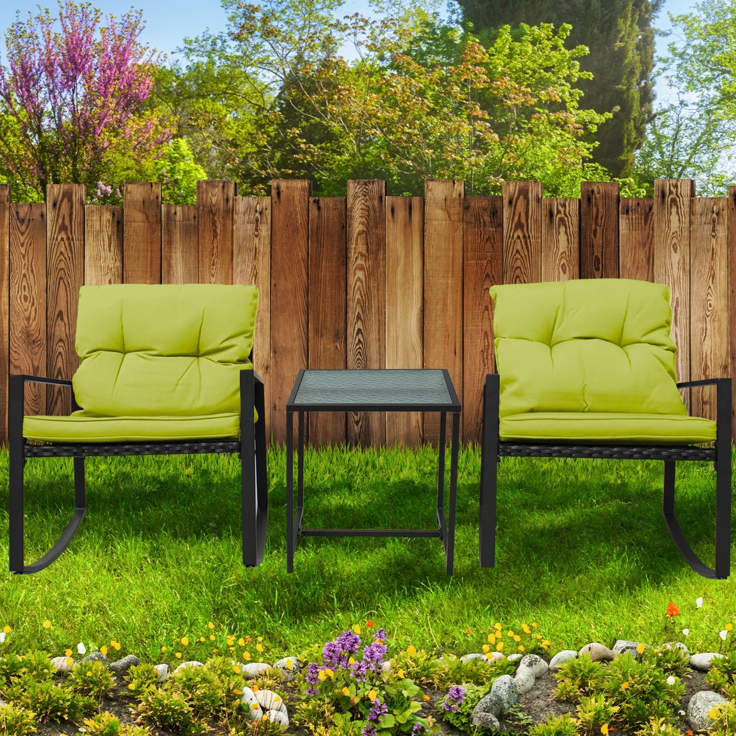 Patio 3-Piece Rocking&nbsp;Rocking Chair Set: Black Wicker Furniture-Two Chairs with Glass&nbsp;occasional&nbsp;Table