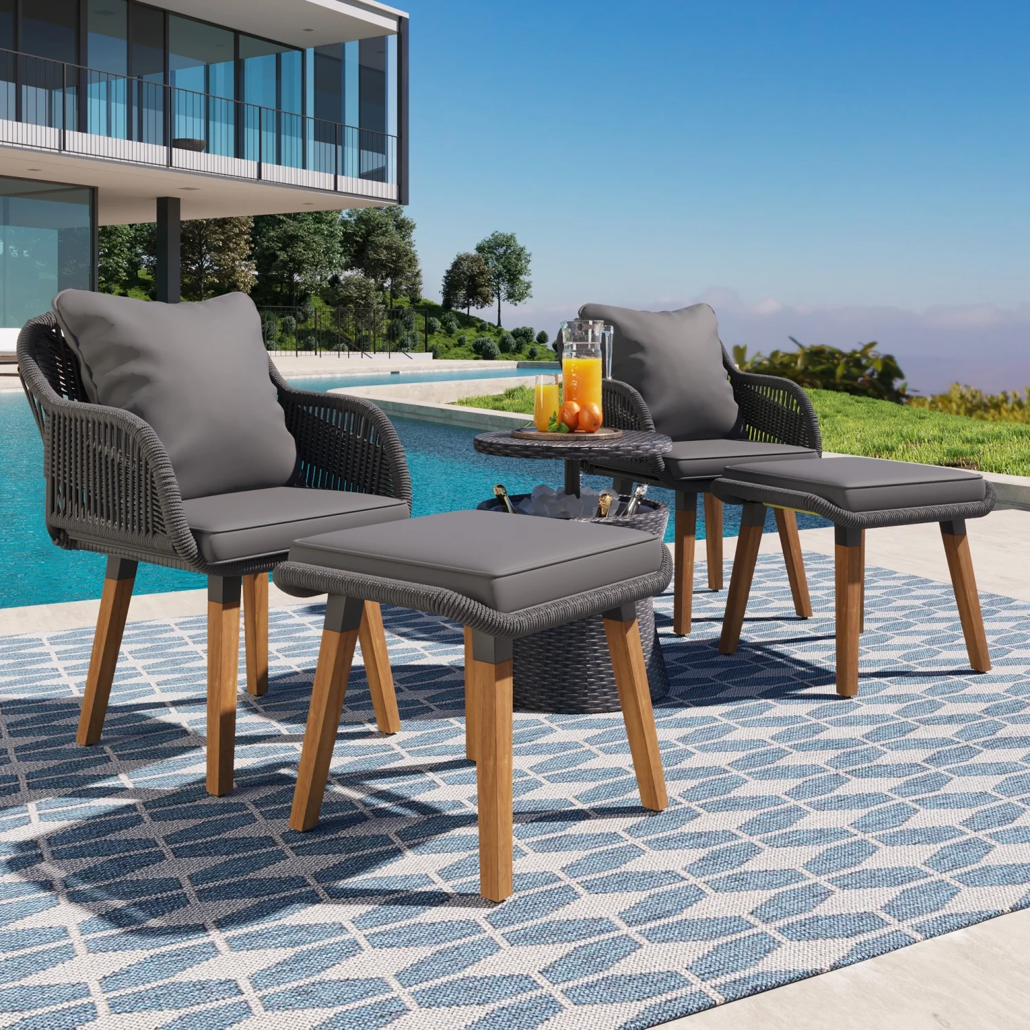Grey K&K 5 Pieces Outdoor Patio Furniture Conversation Set with Stylish Wicker Cool Bar Table  Comfortable Ottomans  and Elegant Bistro Sets for Porch  Backyard  Balcony  and Poolside