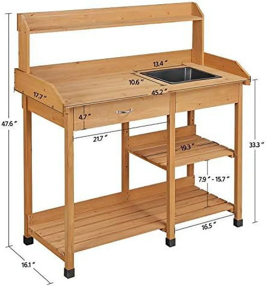 LNSETGC 45.2x17.7x47.6'' (LxWxH) Potting  Outdoor Garden Potting Table Work Bench with Removable Sink Drawer Rack Shelves Work Station  Wood