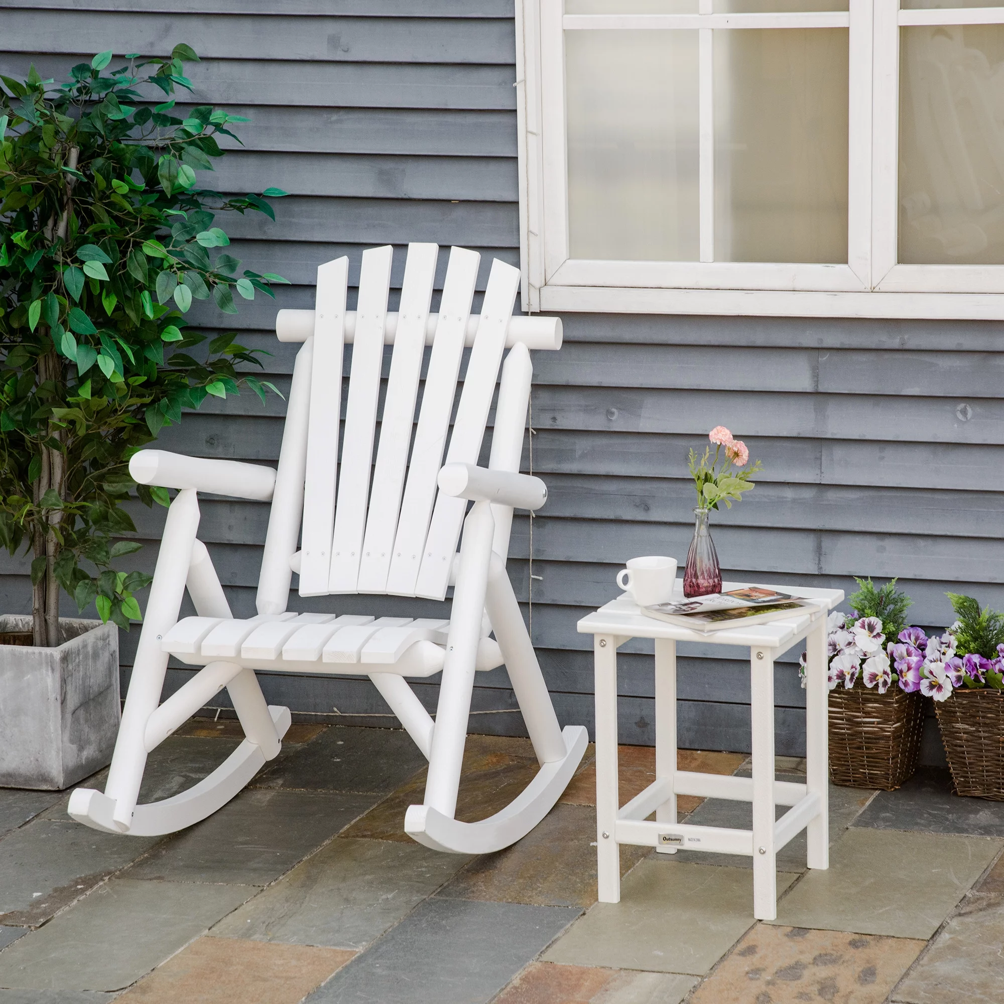 Outdoor Wooden Rocking Chairs with Oversized Backboard Bars are Stylish Design, Garden Rocking Chairs, Porches, Poolsides, White