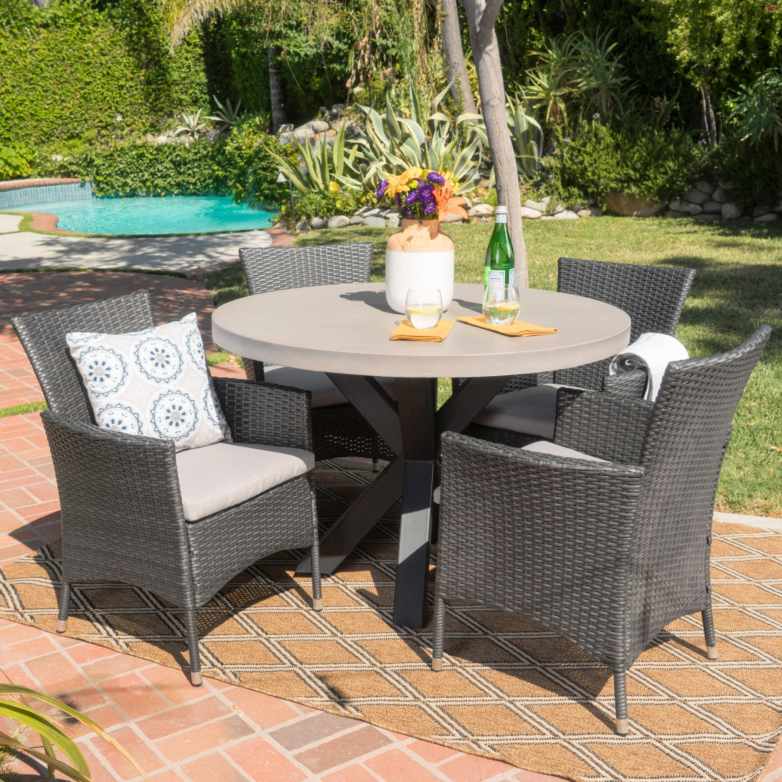 Christopher Knight Home Sanibel Outdoor Transitional 5 Piece Wicker Dining Set with Lightweight Concrete Table by