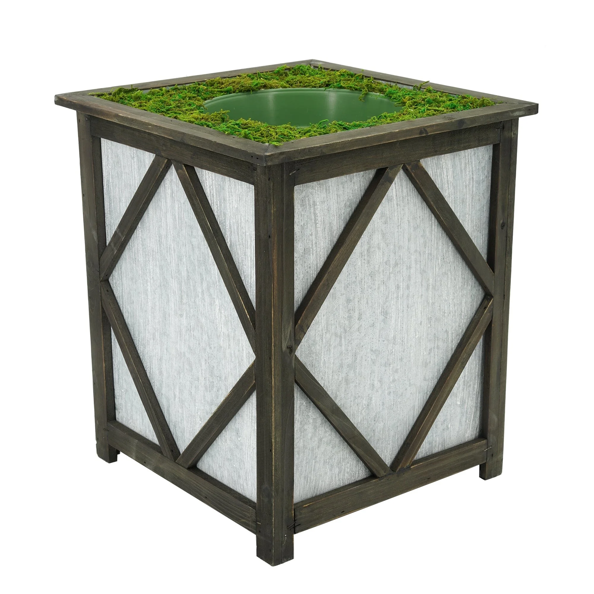 Large Stout Diamond Wood/Metal Planter Pot-in-a-Pot Brown