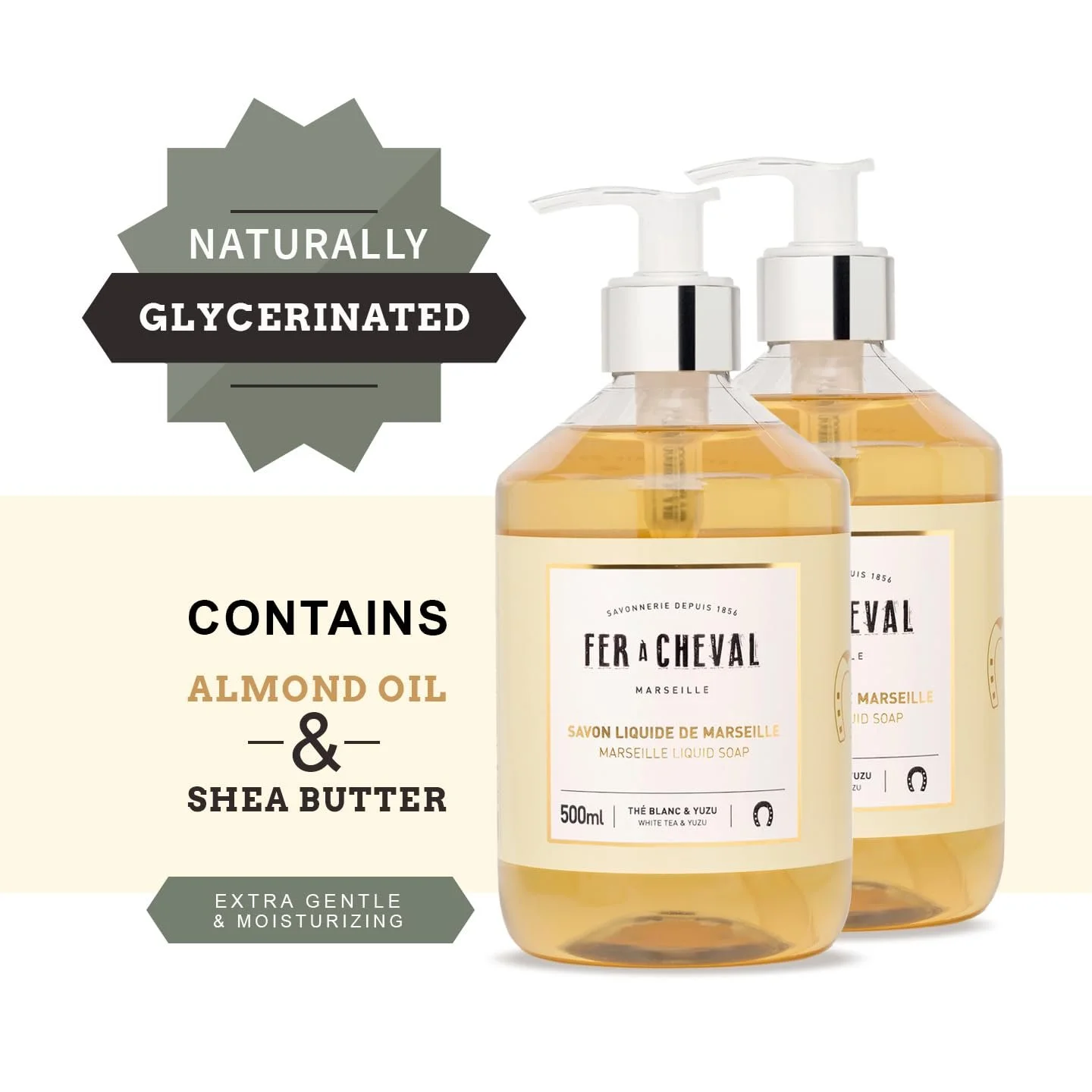 Fer  Cheval White Tea & Yuzu Marseille Liquid Soap  Shea Butter & Sweet Almond Oil, Luxurious Hydration, 97% Natural Ingredients - Set of 2
