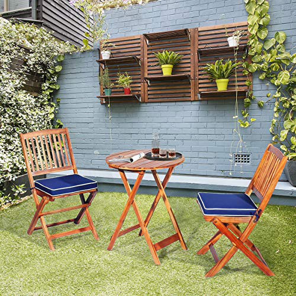 ORALNER 3-Piece Acacia Wood Folding Patio Bistro Set, Small Outdoor Balcony Furniture, Round Coffee Table and 2 Chairs with Soft Cushions, Teak Table Set for Porch, Backyard, Deck (Navy Blue)