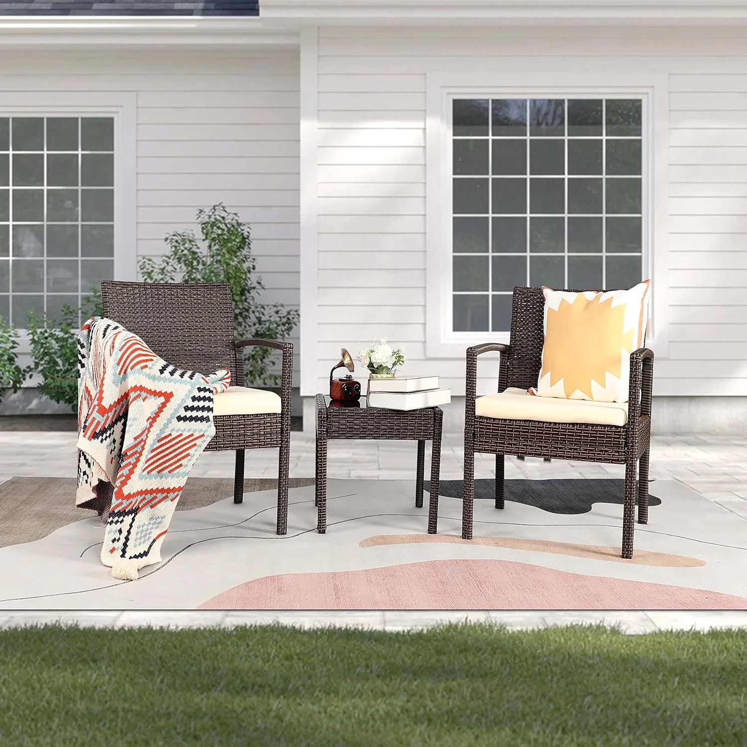 ZFGSUIJN TUIONMJ 3 Piece Outdoor Patio TUIONMJ Sets  Patio TUIONMJ Set 3 Piece  Porch Deck TUIONMJ  Wicker Patio Chairs  Rattan Wicker TUIONMJ  Blue