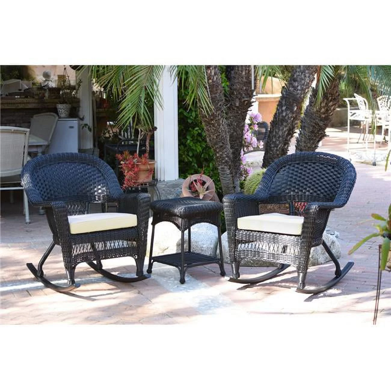 W00207R-D-2-RCES001 Black Rocker Wicker Chair Set with Ivory Cushion - 3 Piece