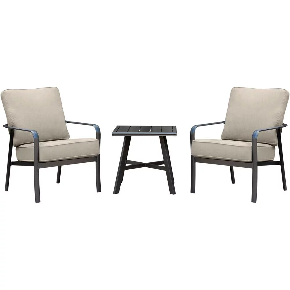 Hanover Cortino 3-Piece Commercial-Grade Patio Seating Set with 2 Cushioned Club Chairs and a 22-In. Aluminum Slat-Top Side Table