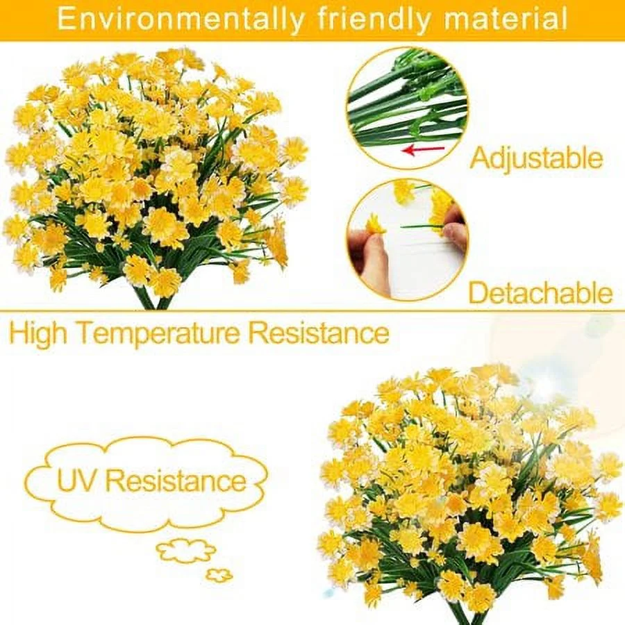 Sinhoon 8 Bundles Artificial Flowers UV Resistant Outdoor Decoration-Faux Plastic Daisy Greenery Shrub Plant Indoor Outside Hanging Planter Wedding Home Garden Office Window Box Hanging Decor (Yellow)