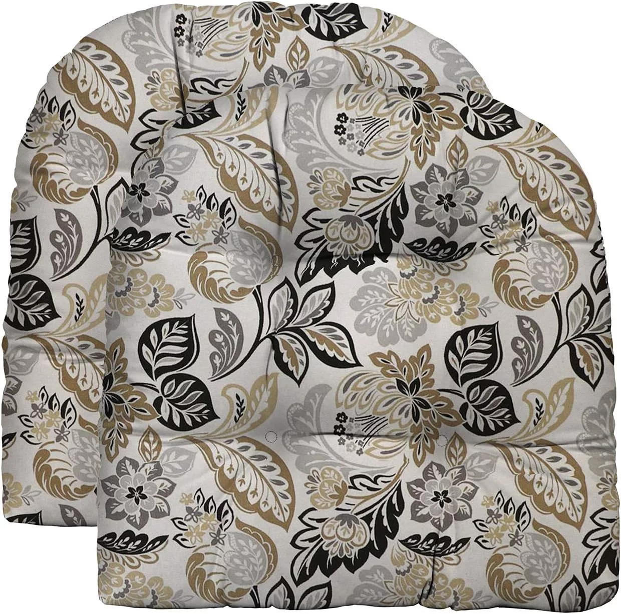 Set Of 2 Indoor Outdoor Tufted U-Shape Wicker Patio Chair Seat Cushions | All Weather, Water  Fade Resistant ester Fabric | 19” X 19” | Dailey Pewter Floral Scroll