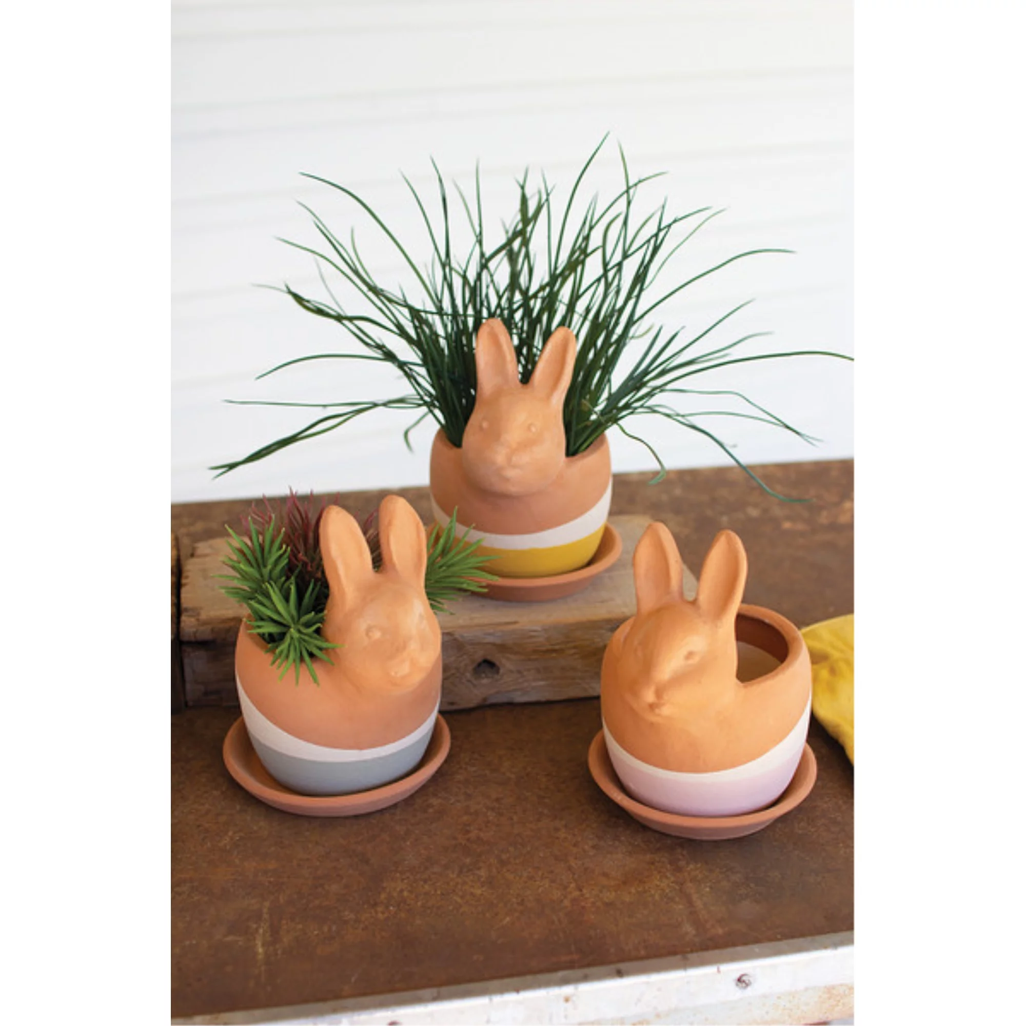 Set Of Three Clay Bunny Planters Multi