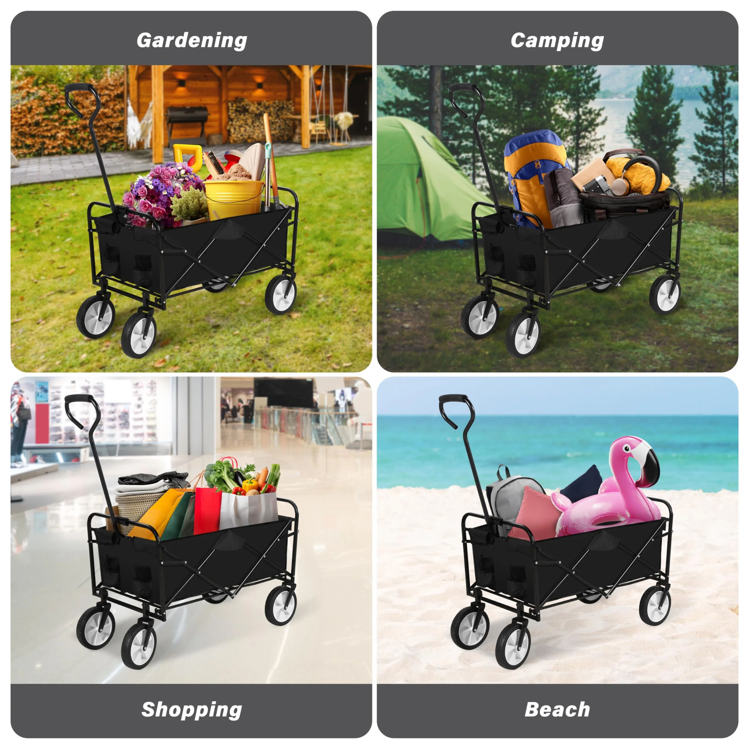Folding Garden Cart PRO, Collapsible Handy Wagon with 360 Degree Swivel Wheels & Adjustable Handle,220lbs Weight Capacity,Black