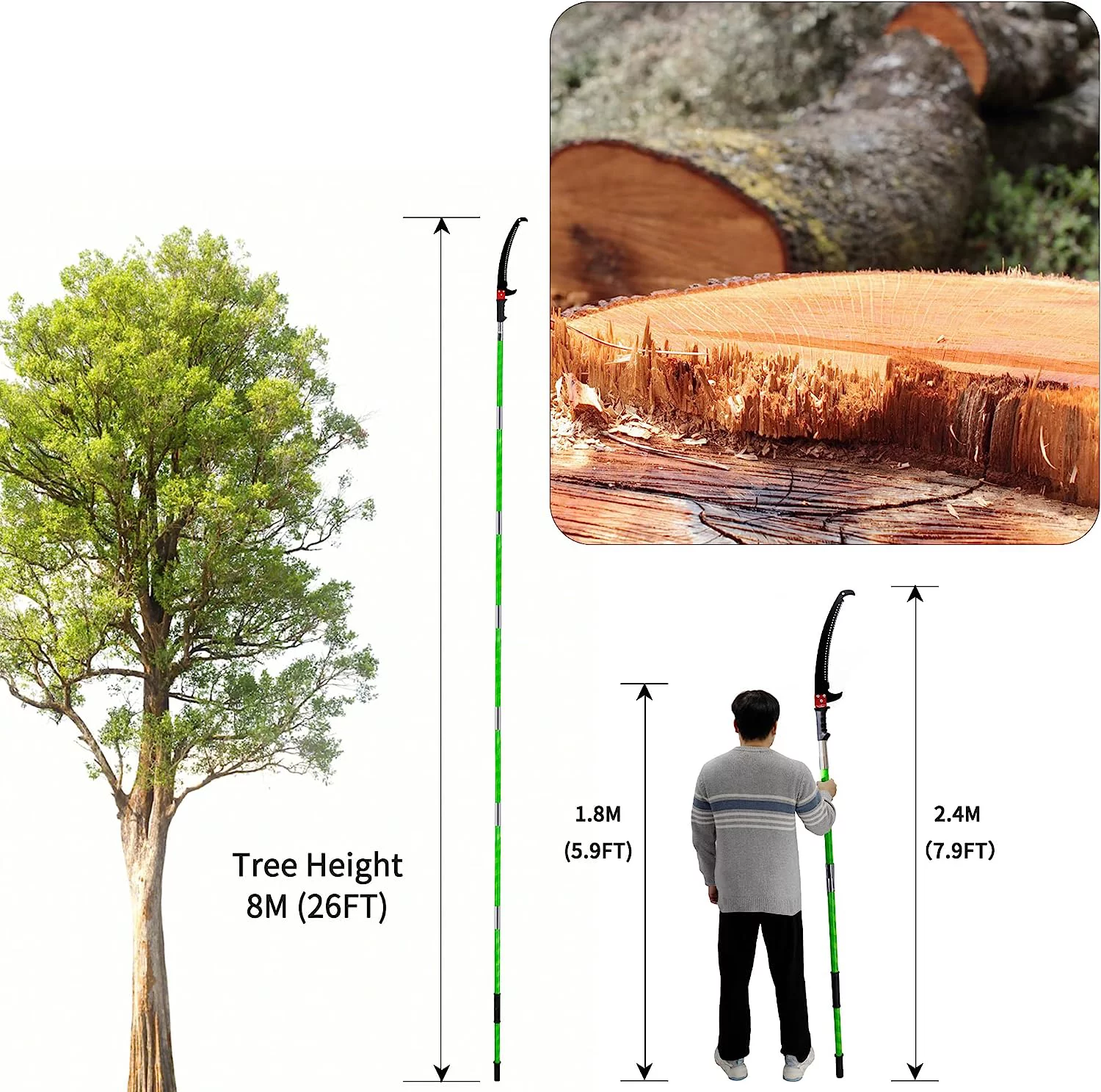 OUWI 26 Foot Tree Pole Pruner Manual Branches Trimmer Extension Cut Tree Branch Garden Tools Loppers Hand Pole Saws (No Scissors Include)