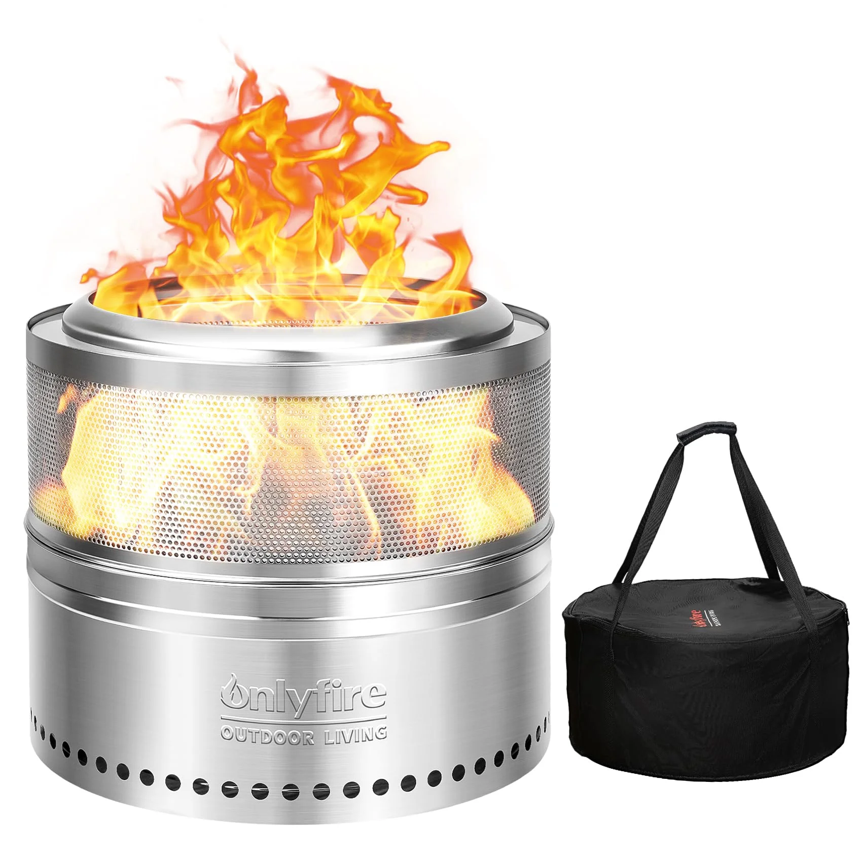 Only Fire 20in Smokeless Fire Pit with Carrying Bag Hollow Style, , 360°Air Flow Design Wood Burning Fireplace, Stainless Steel