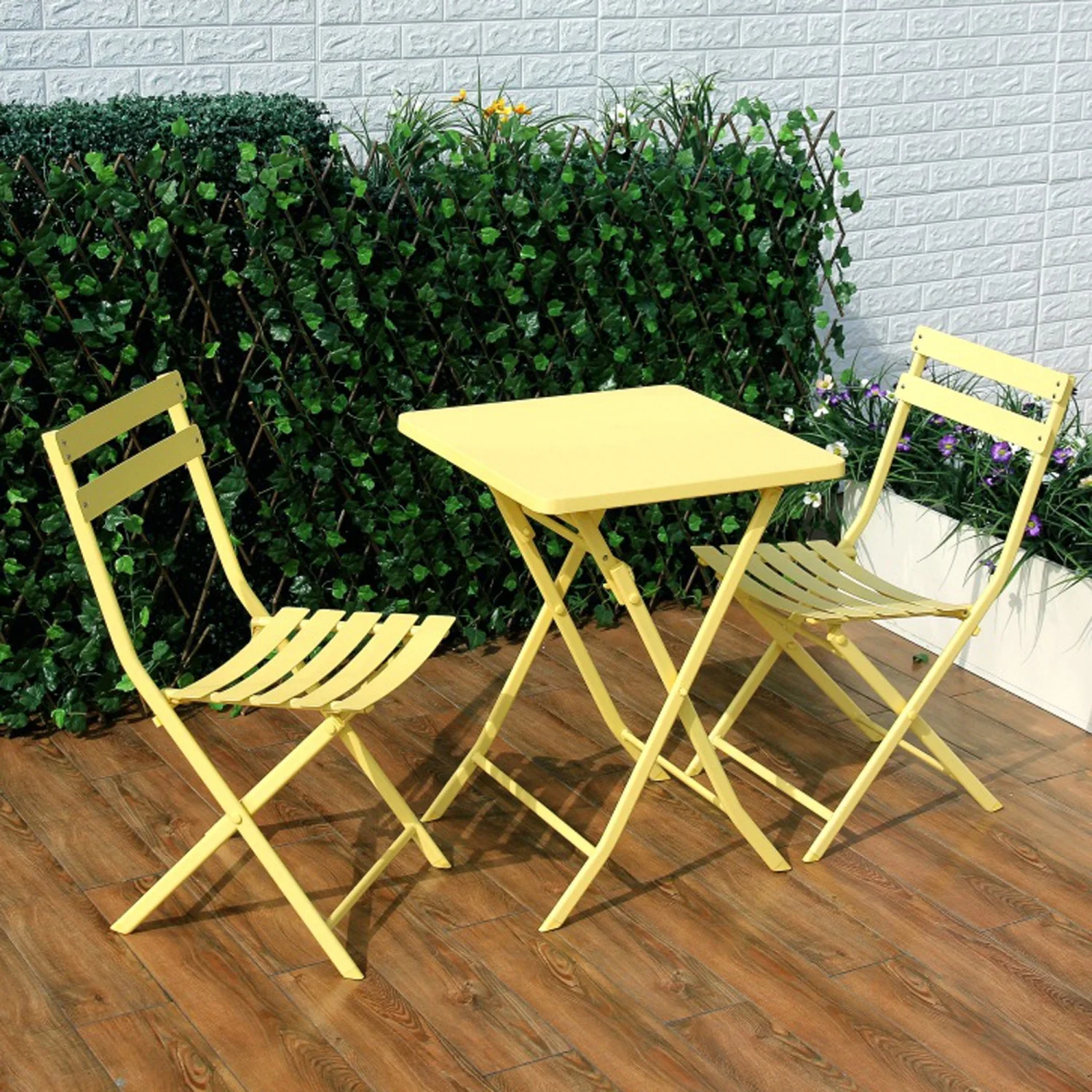 3 Piece Patio Bistro Set of Foldable Square Table and Chairs  Yellow