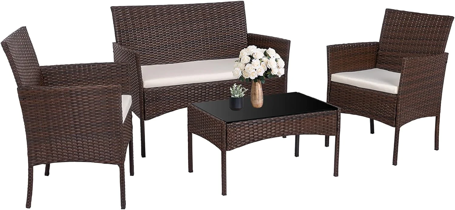 4 Pieces Outdoor Patio Furniture Sets Rattan Chair Wicker Set,Outdoor Indoor Use Backyard Porch Garden Poolside Balcony Furniture（Brown）