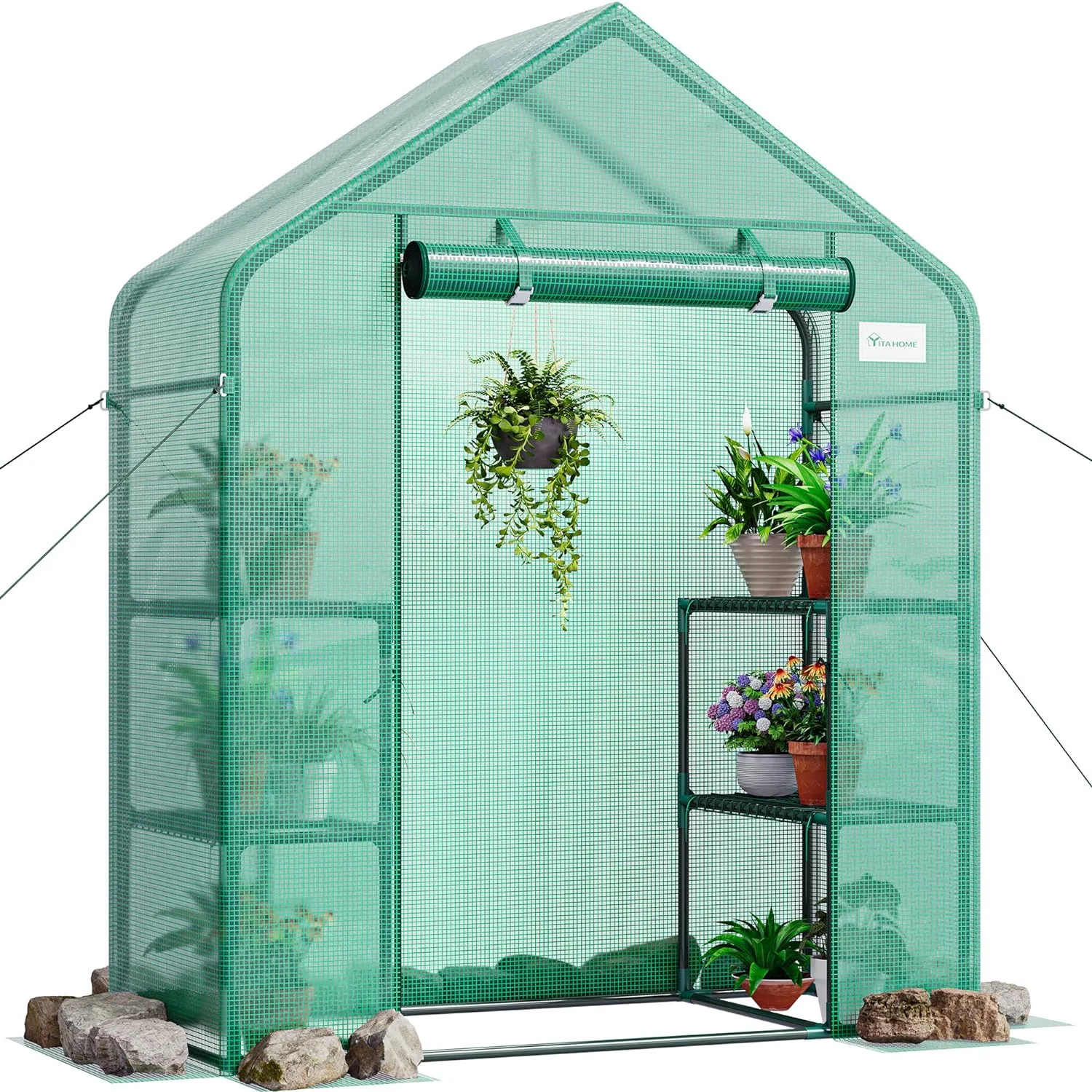 Greenhouse Walk-in Outdoor 3 Tier 6 Shelves PE Cover Zipper Door Green House Anti Tear Plant Cover w/ Ground Pegs Ropes for Garden and Backyard