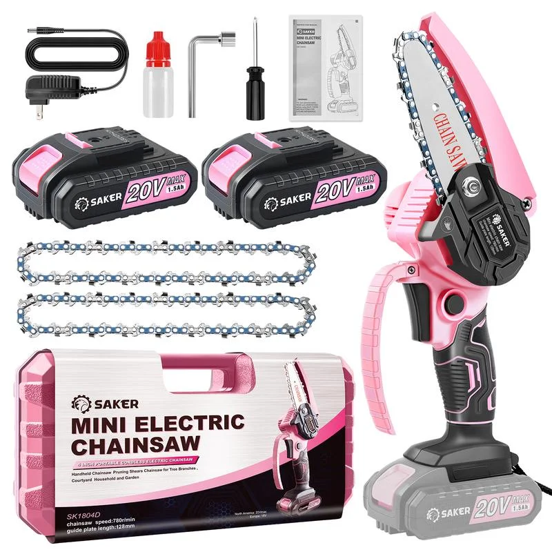 Portable Electric Pink Mini Chainsaw Cordless,Handheld Chainsaw for Tree Branches,Courtyard, Household and Garden,By 2PCS 20V 1500mAh Batteries and 3 PCS Chains