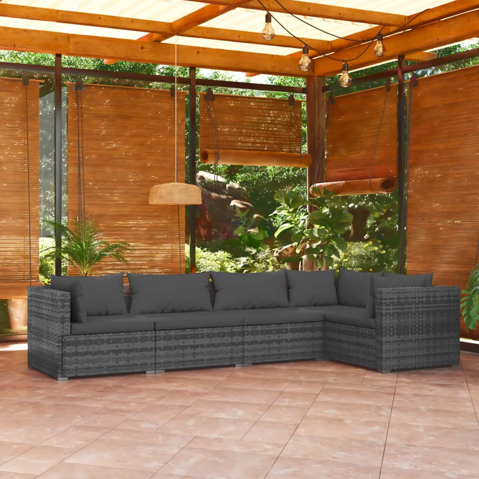 Anself 5 Piece Patio Lounge Set Cushioned Conversation Sets Gray Poly Rattan Sectional Outdoor Furniture for Patio, Backyard, Balcony, Laawn