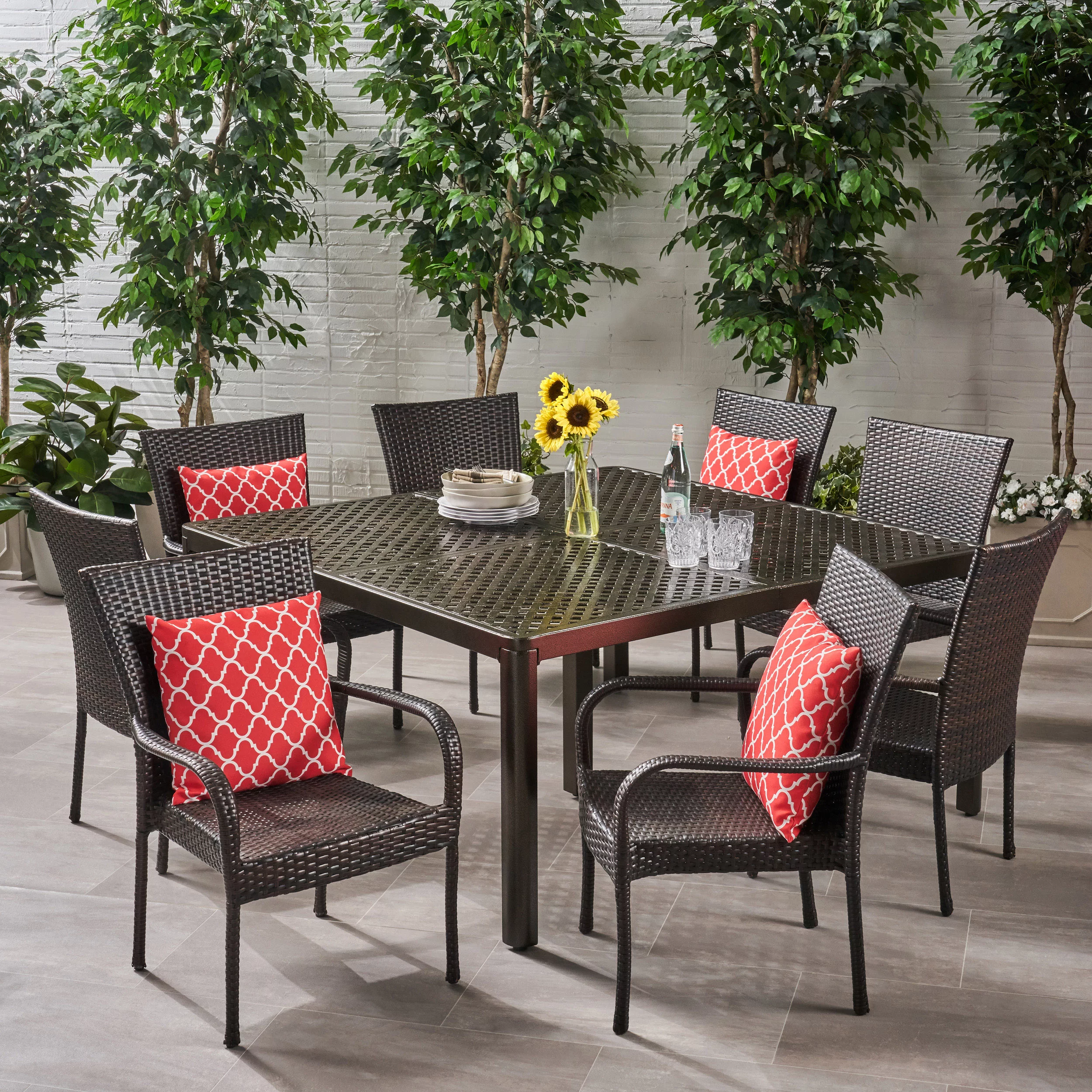 Anika Outdoor Aluminum and Wicker 8 Seater Dining Set with Stacking Chairs, Gloss Black and Multibrown