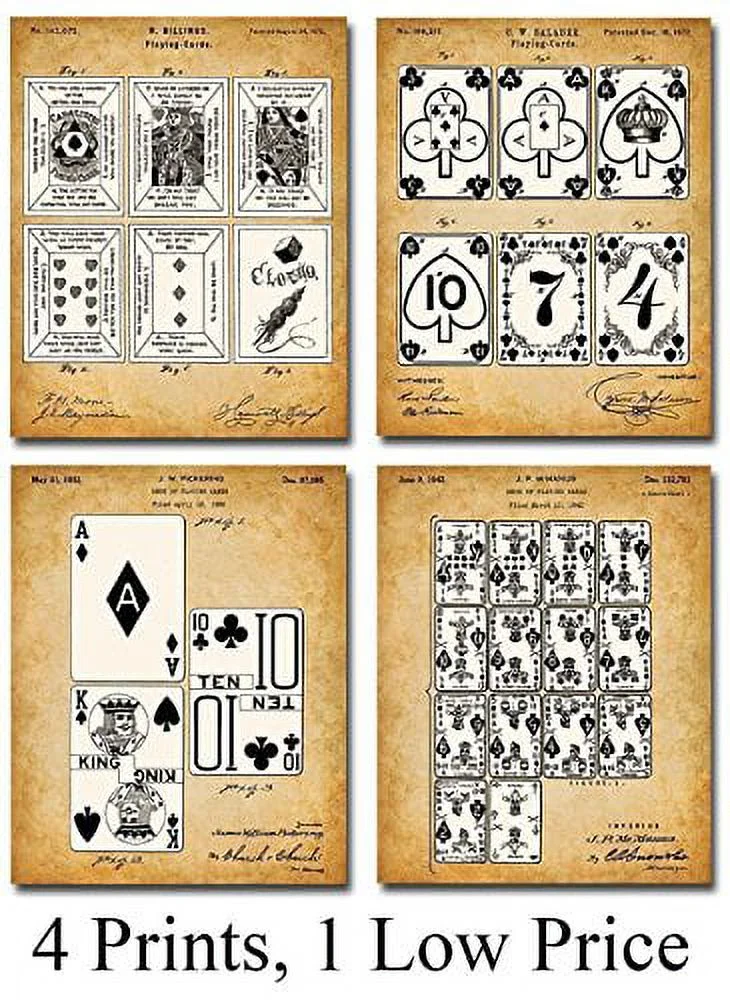 Original Playing Cards Patent Prints - Set of Four Photos (8x10) Unframed - Great Decor for Mancaves and Poker Players