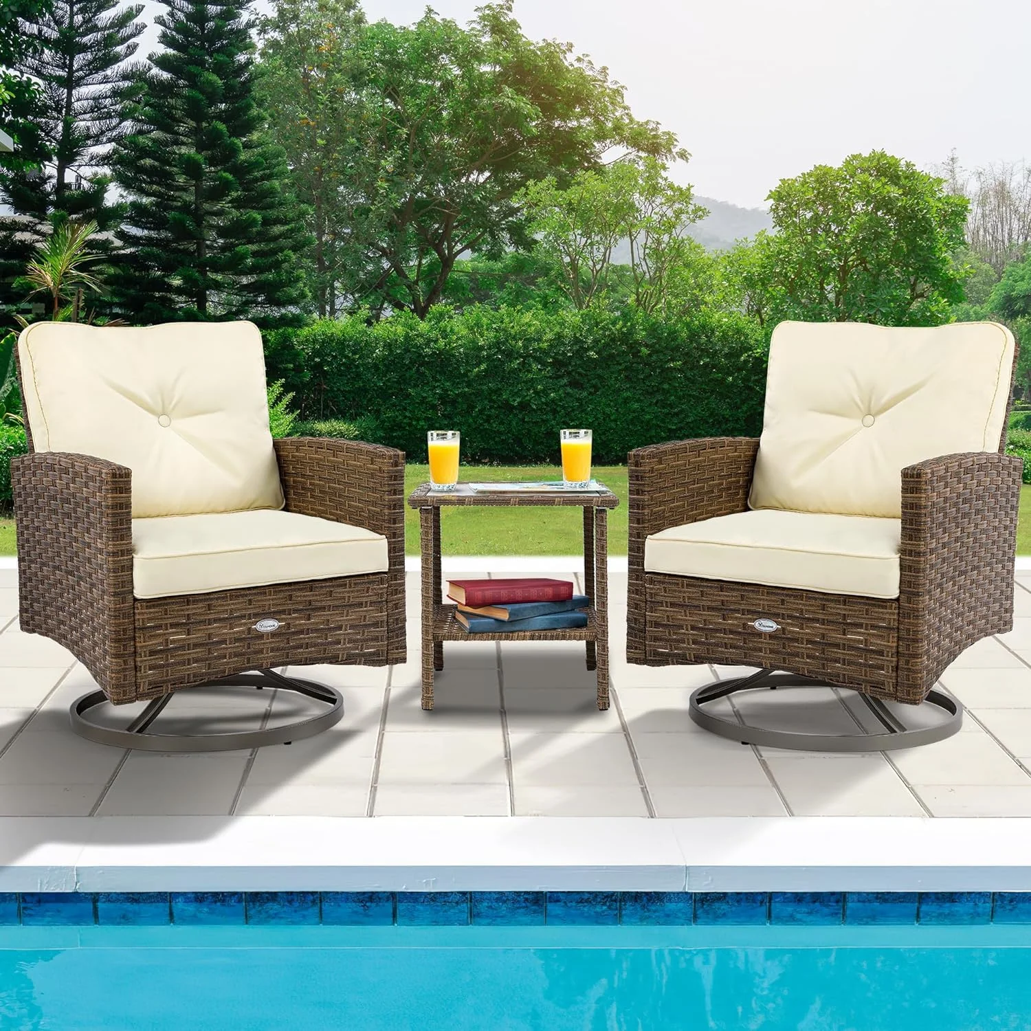Dina 3-Piece Patio Wicker Swivel Chairs  Outdoor Small Furniture Rocking Coversation Chairs w/Thick Cushions and Table for Garden  Backyard and Balcony (Tan Chairs + Off- White Cushions)