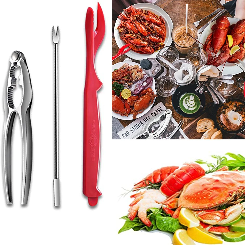 Dicasser Crab Lobster Crackers crab eating tool and Picks Set, 3-Piece Crab Leg Cracker Tools - Stainless Steel Seafood Crackers & Forks Nut Cracker Set - Dishwasher Safe with Bag