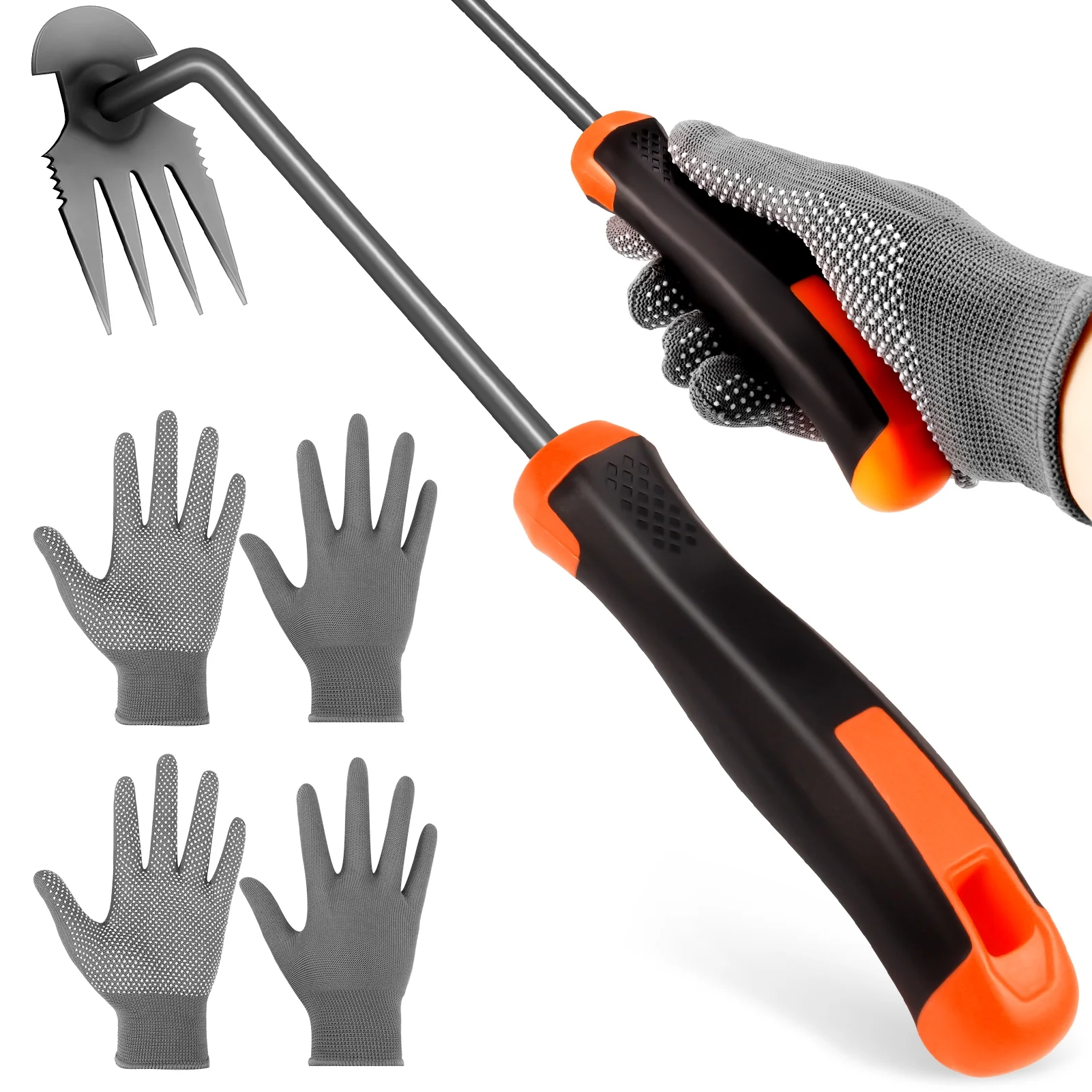 Bocaoying Weed Puller Tool with Rubber Handle and Gloves, 13'' Weeder Hand Tool for Garden, Weeding Tool with 4 Claws, Weeder Garden Root Remover Tool for Garden, Gap or Corner Weeding