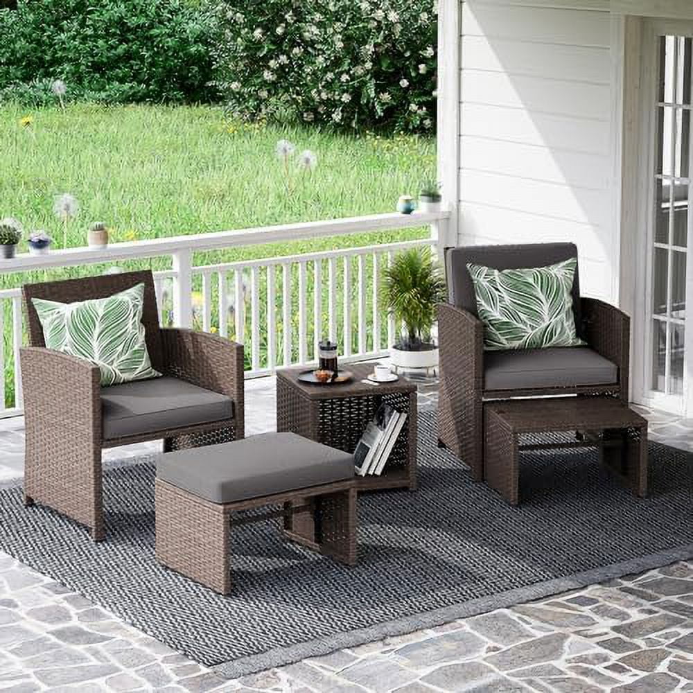 AYFDEGT 5 Pcs Patio Conversation Set Balcony  Set with Cushions  Brown Wicker Chair with Ottoman   Table for Backyard  Garden  Porch  Dark Grey