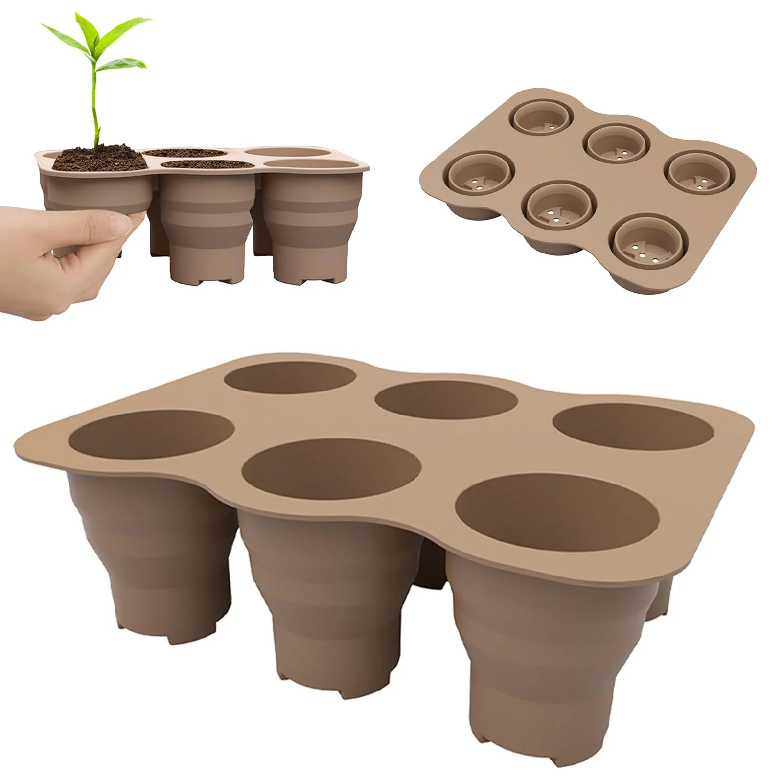 TRANSCOSMOS 1 Pack Silicone Seed Starter Tray 6 Large Cells Reusable Microgreens Growing Trays Bonsai Plant Starter Kit Flexible Seedling Germination Cup for Indoor Plant Propagation (Brown)