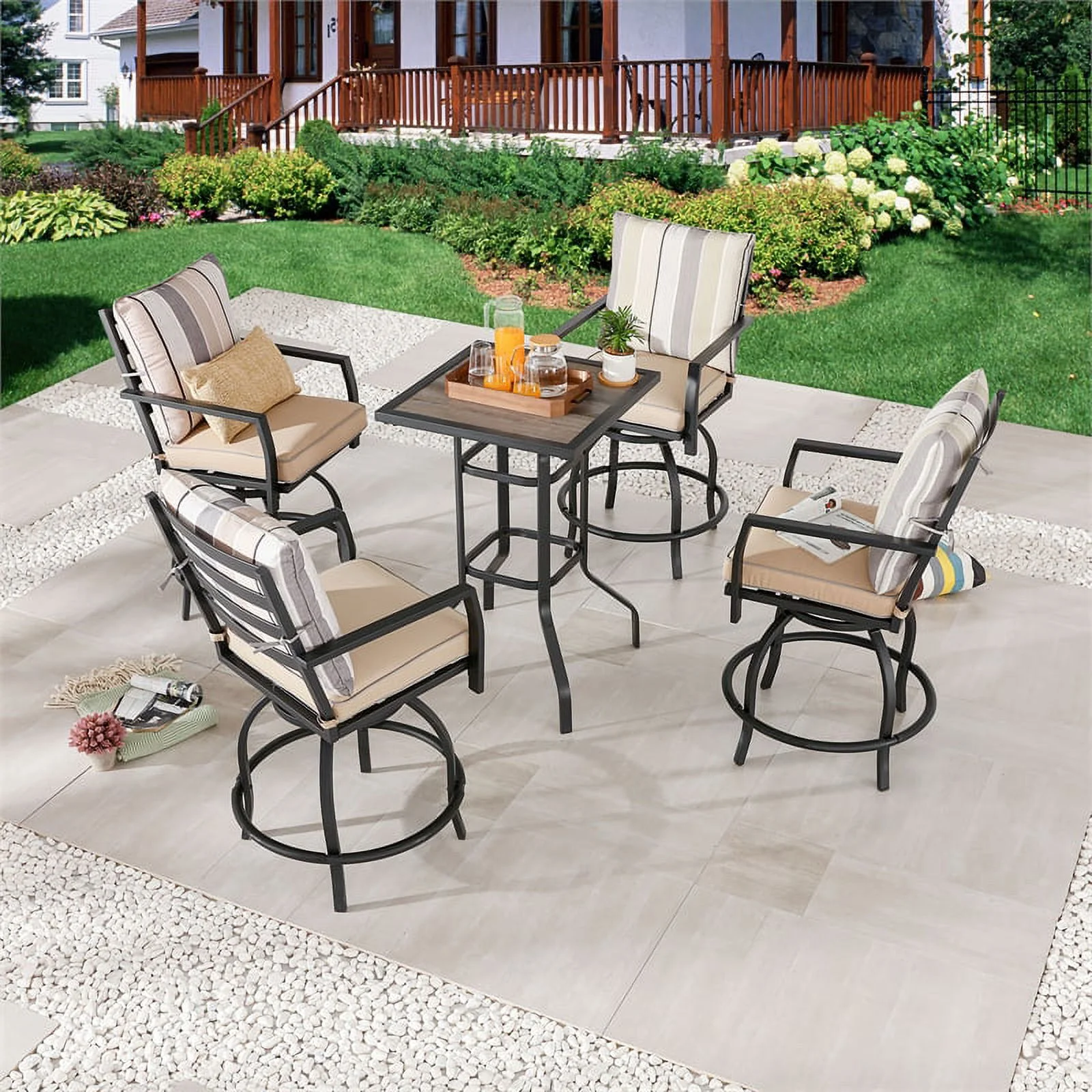 Patio Festival Fabric 5-Piece Outdoor Bistro Set in Beige/Black
