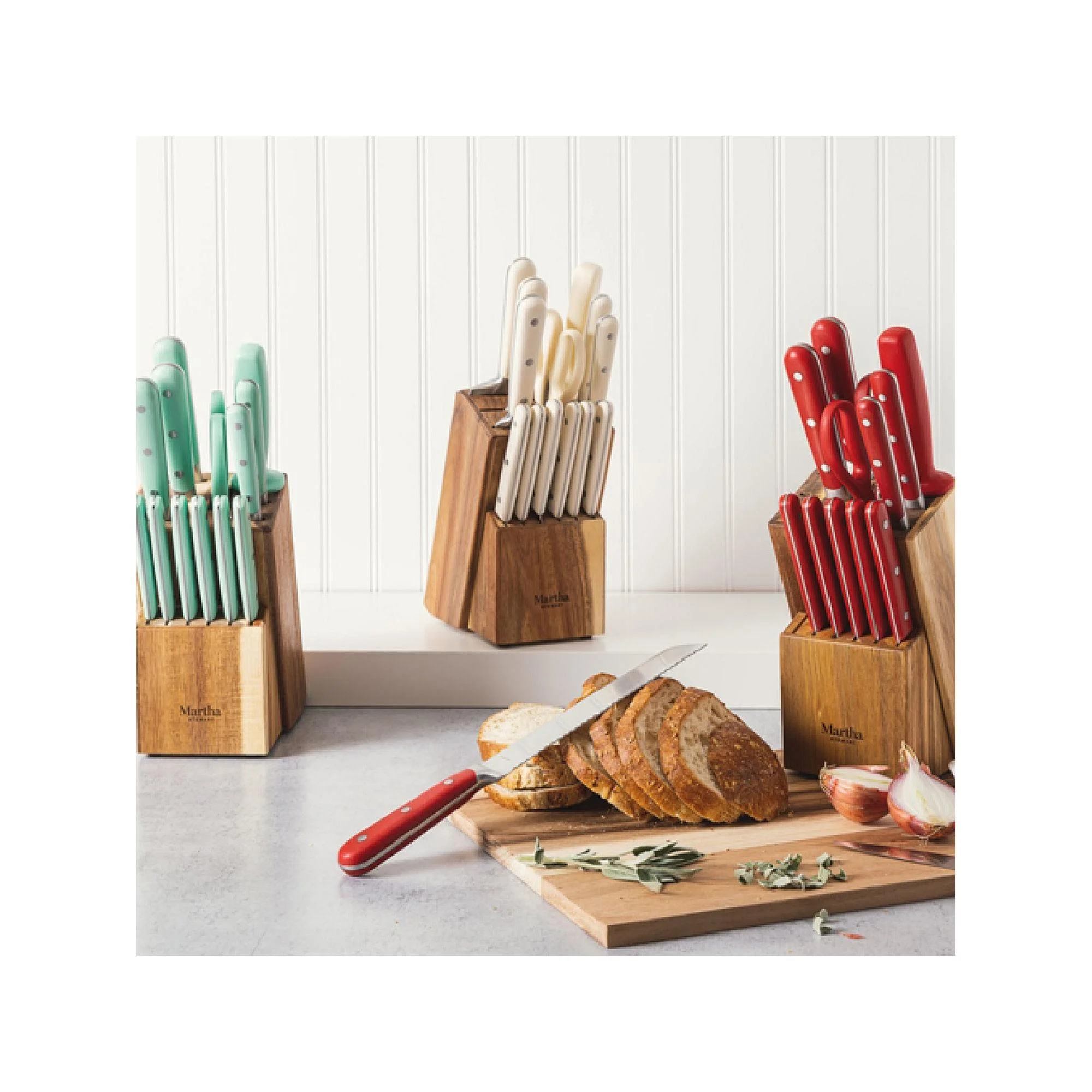 MARTHA STEWART 14-PIECE CUTLERY SET, Green with Wood Block