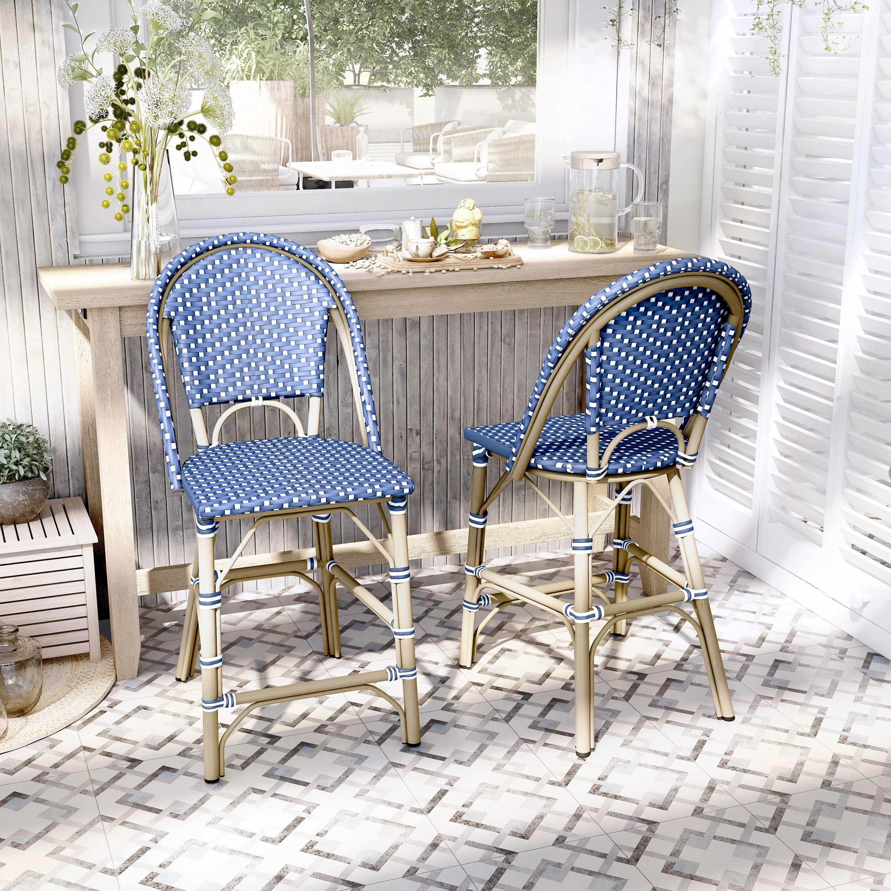 24/7 Shop At Home Hjem Aluminum Blue Patio Counter Chairs, Set of 2