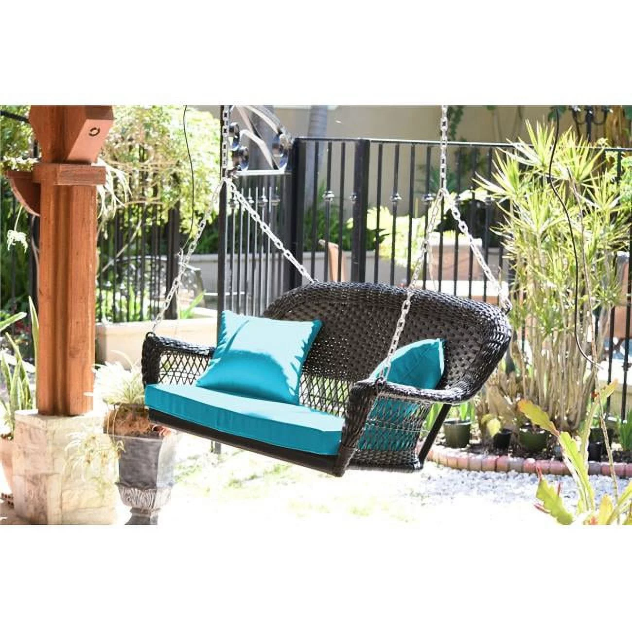 Espresso Resin Wicker Porch Swing with Sky Blue Cushion
