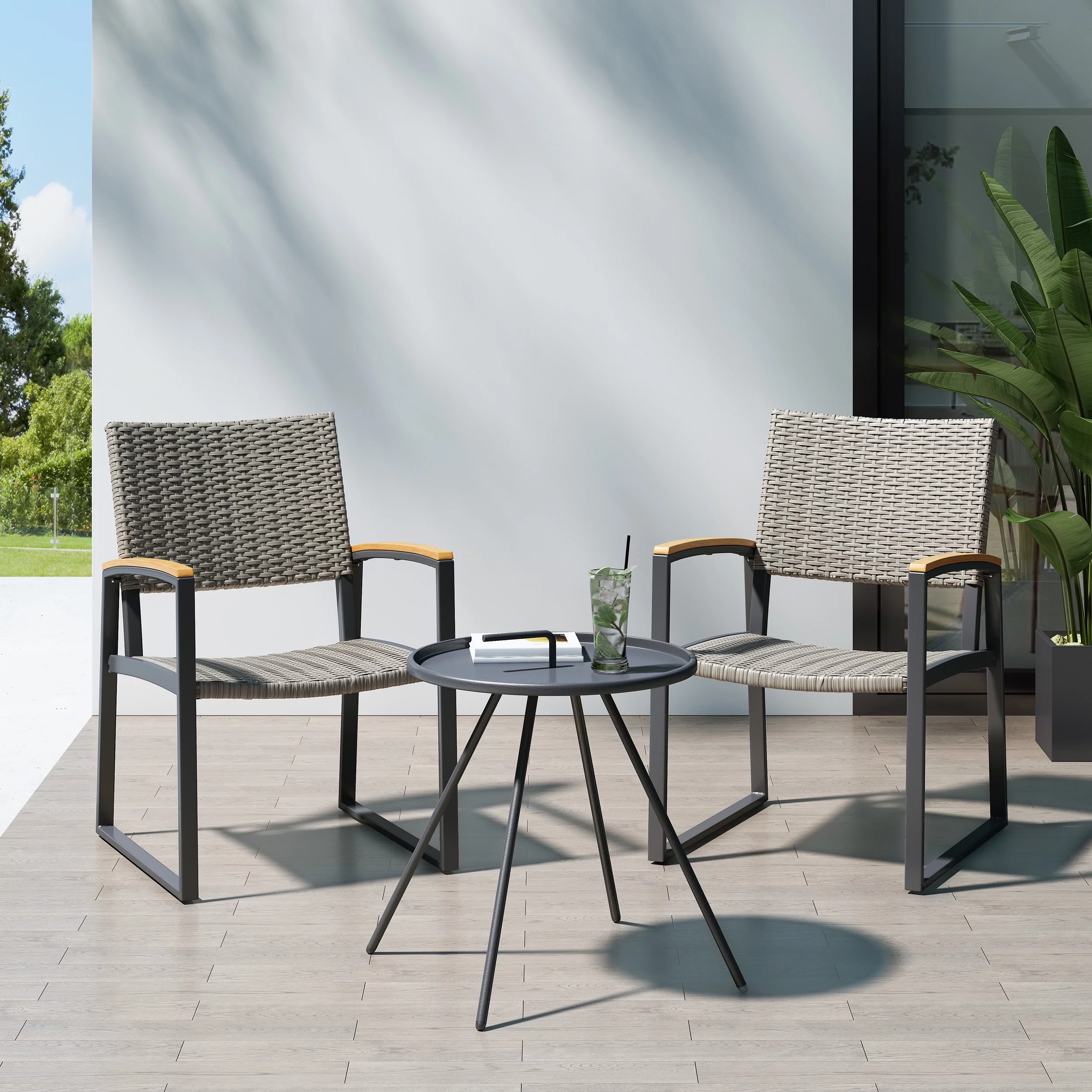 Adley Outdoor 2 Seater Aluminum and Wicker Chat Set, Gray
