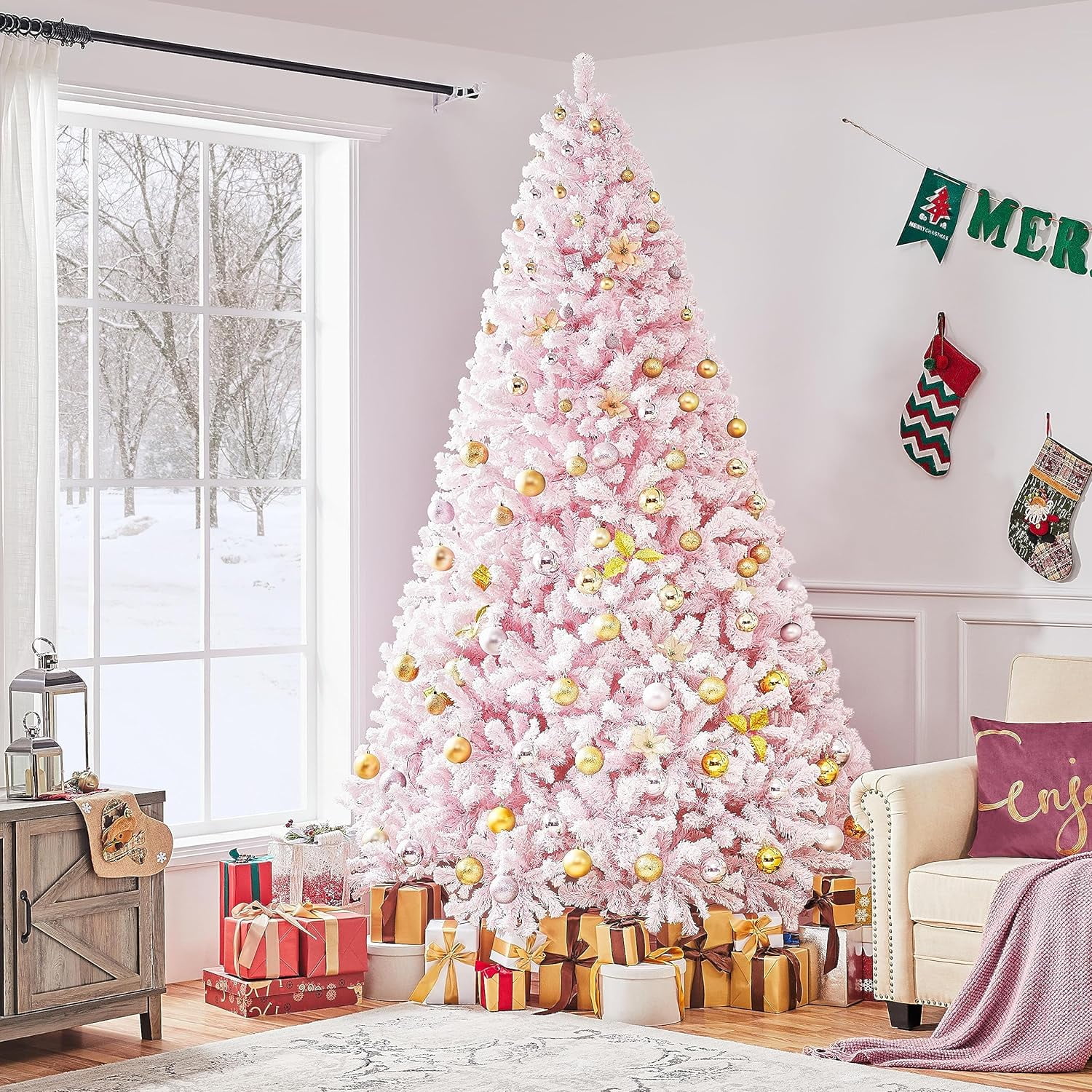 Artificial Christmas Pine Tree With Lights Snow Frosted Xmas Tree For Holiday Decoration With Iron Stand, 9Ft,