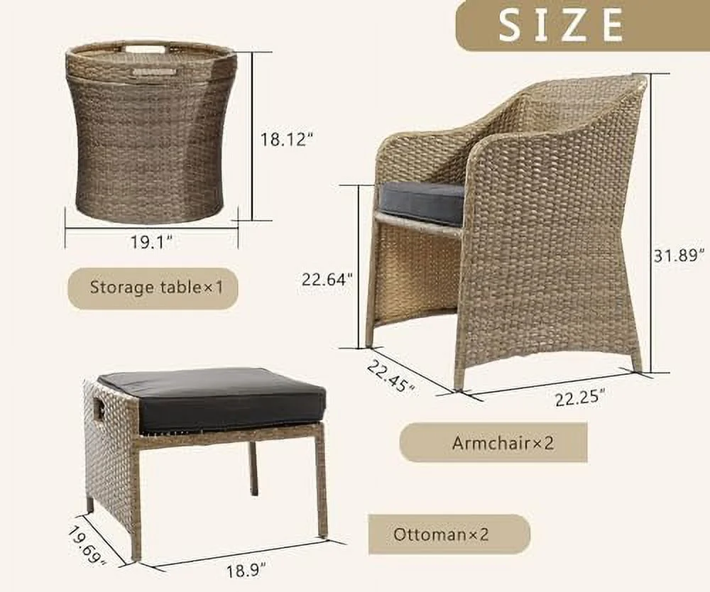 LNSETGC Outdoor Patio Wicker 5-Piece  Set  No Assembly Required All-Weather Rattan Conversation Bistro &  Table for Garden  Porch  Balcony and Deck (Beige)