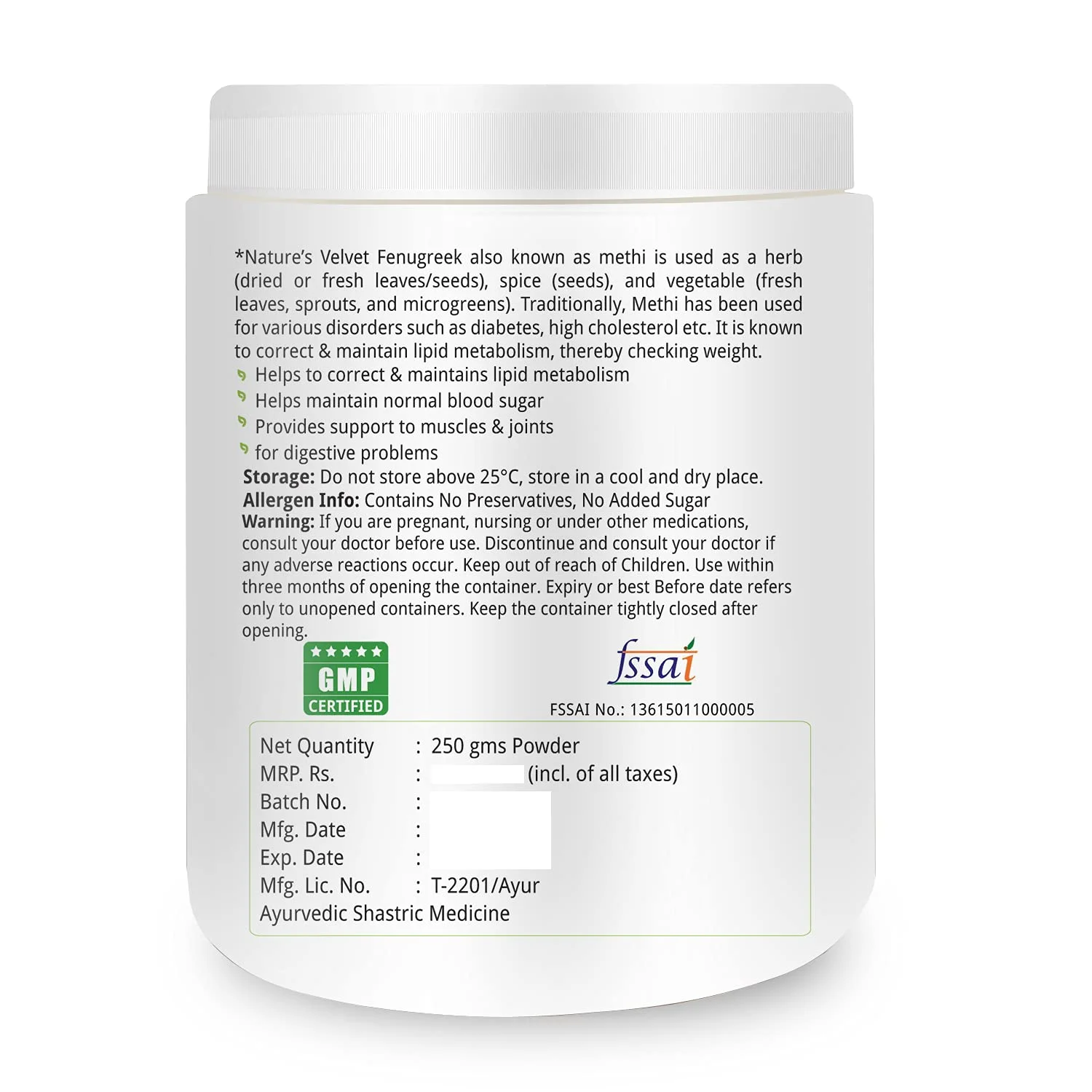 Natures Velvet Fenugreek Methi Powder 250g Pack of 1