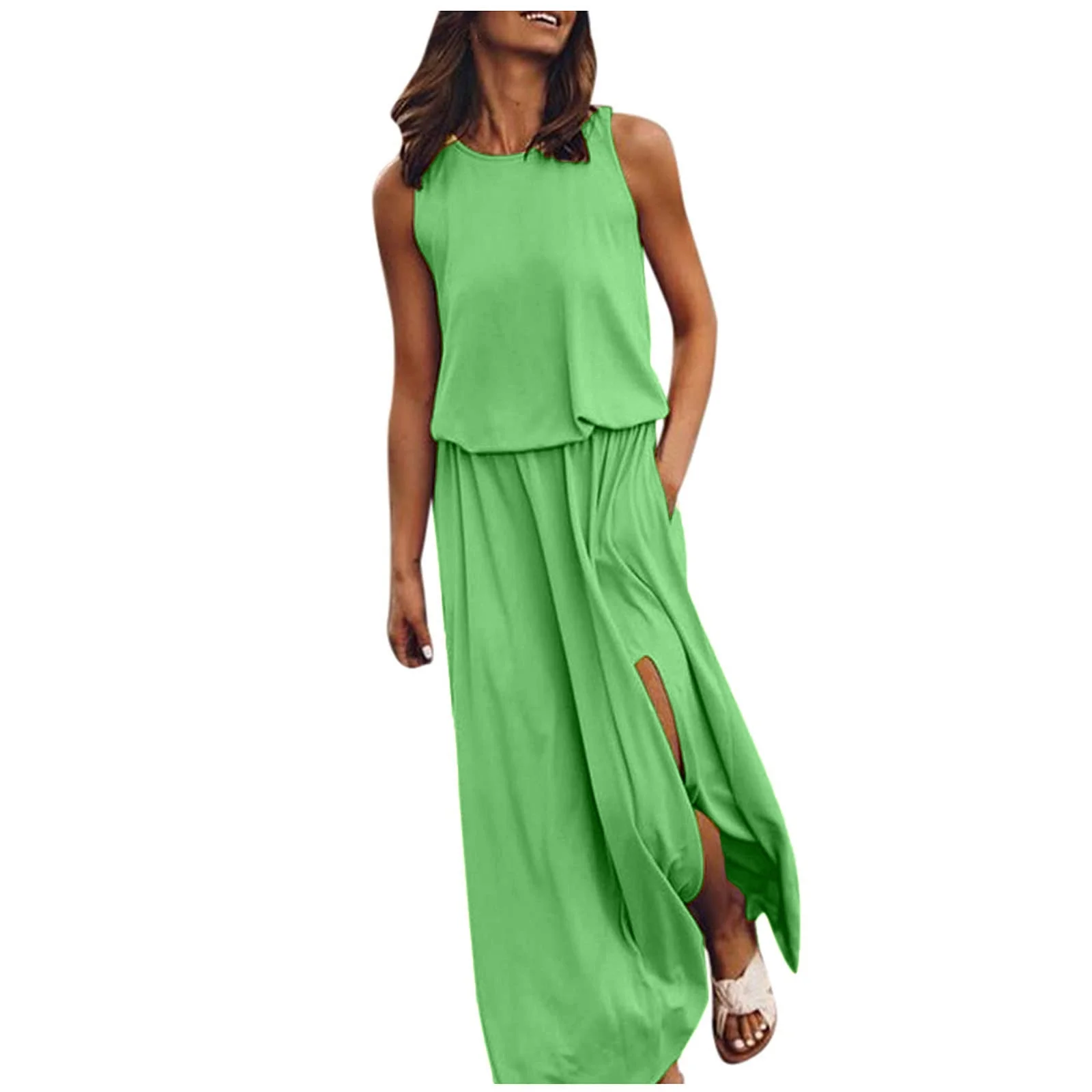 Spring Maxi Skirt Women Round Neck Sleeveless Dress With Slit Multi Color Solid Color Long Skirt Maxi Skirts For Women Uk Elasticated Waist
