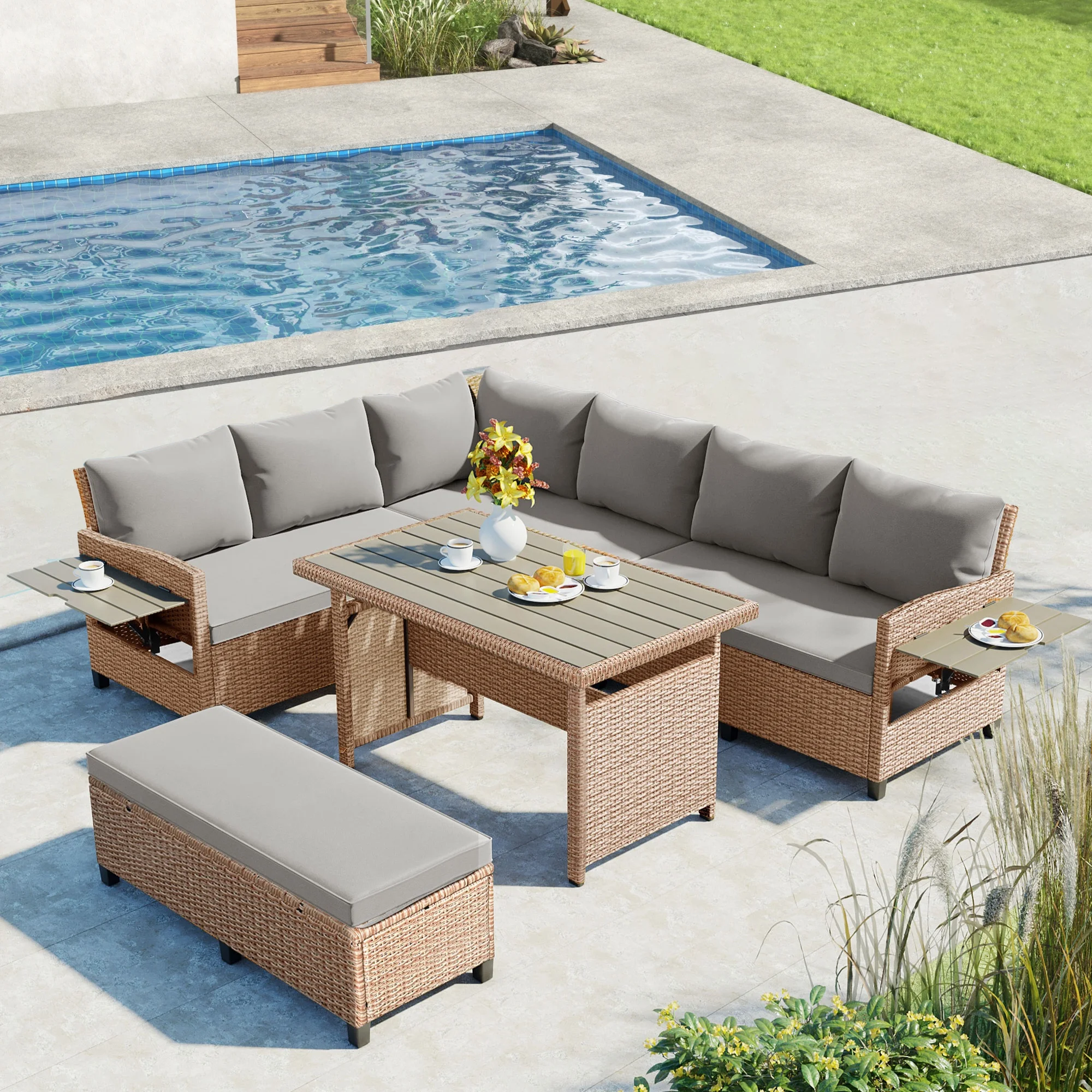 5-Piece Outdoor Patio Rattan Sofa Set with Extendable Side Tables and Dining Table for Backyard, Poolside, or Indoor Use - Elegant Brown Finish