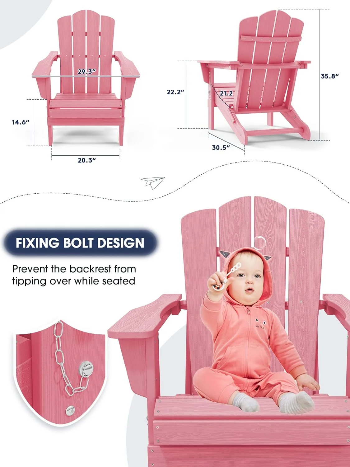 KINGYES Folding Adirondack Chair Set of 2, HDPE All-Weather Folding Adirondack Chair, Light Pink