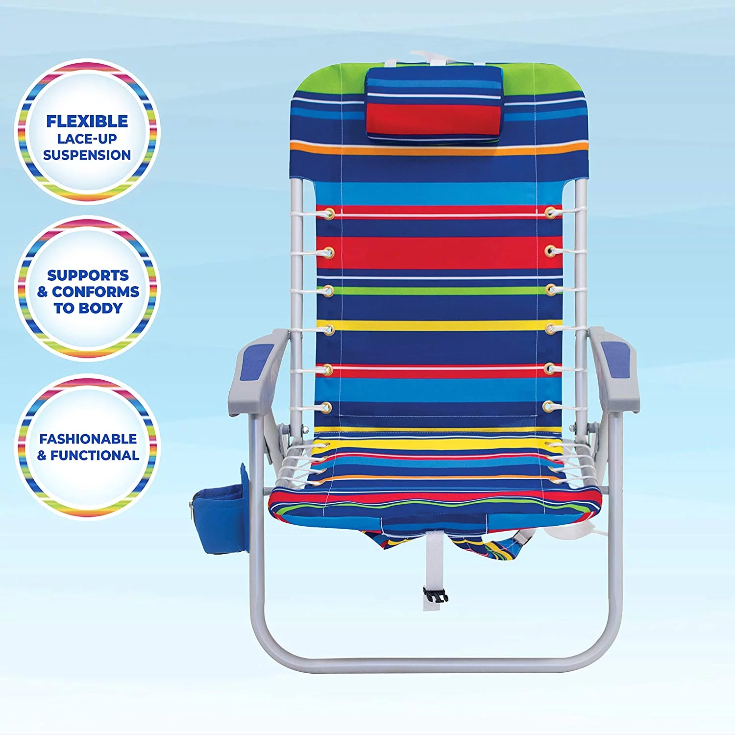 RIO beach 4-Position Backpack Lace-Up Suspension Folding Beach Chair, Bright Stripe