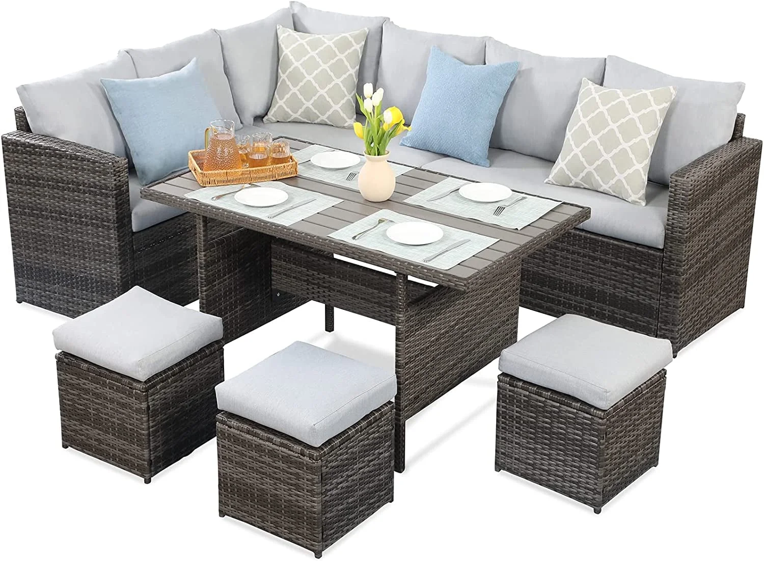 CoSoTower 7-Pieces PE Rattan Wicker Patio Dining Sectional Cusions Sofa Set with Grey Cushions